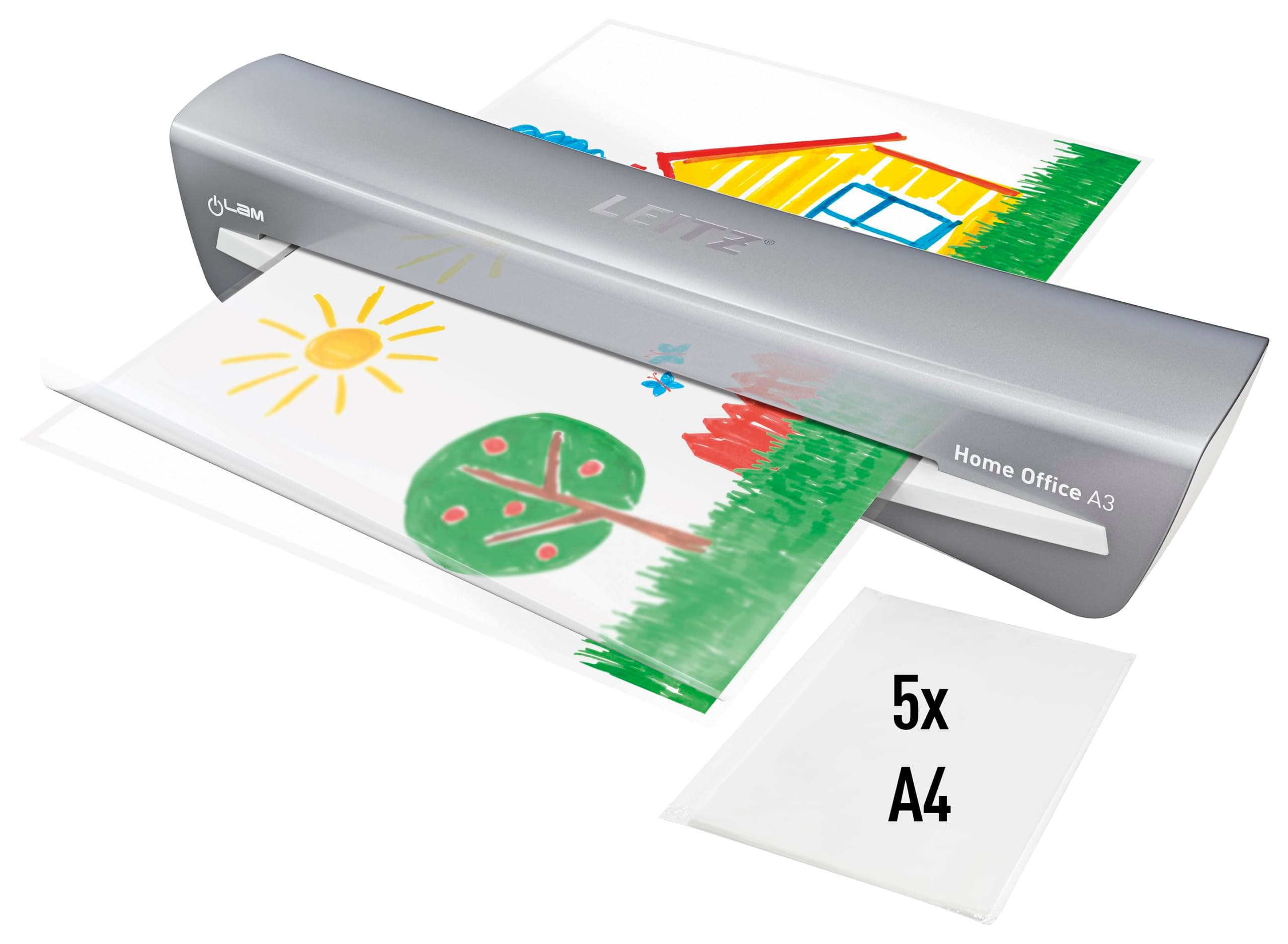 Leitz iLAM A3 Laminiergerät, sehr kurze Aufwärmzeit von 2 Min, 75-125 mic, Smart LED Status, Anti-Stau, Auto-Abschaltung, inkl.5x A4 Laminierfolien, Für Home Office und Büro, Silber und Weiß, 74400089