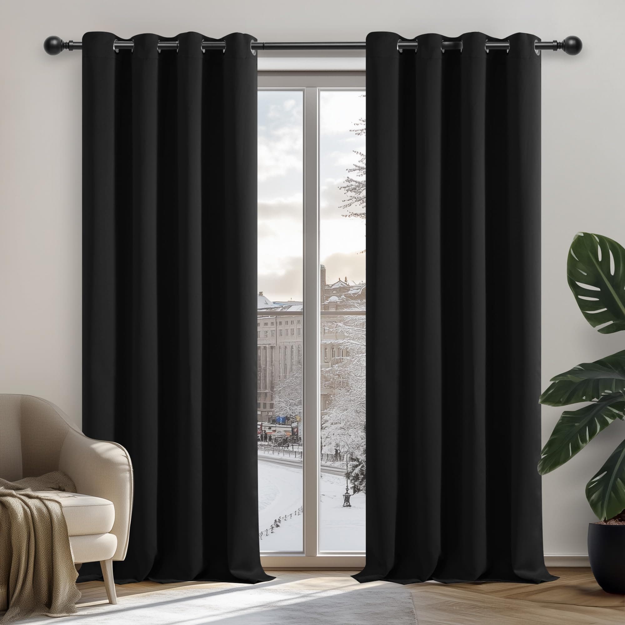 Deconovo Cortinas Opacas Termicas para Salon Moderna Dormitorio Habitacion 2 Piezas 140x300cm Negro