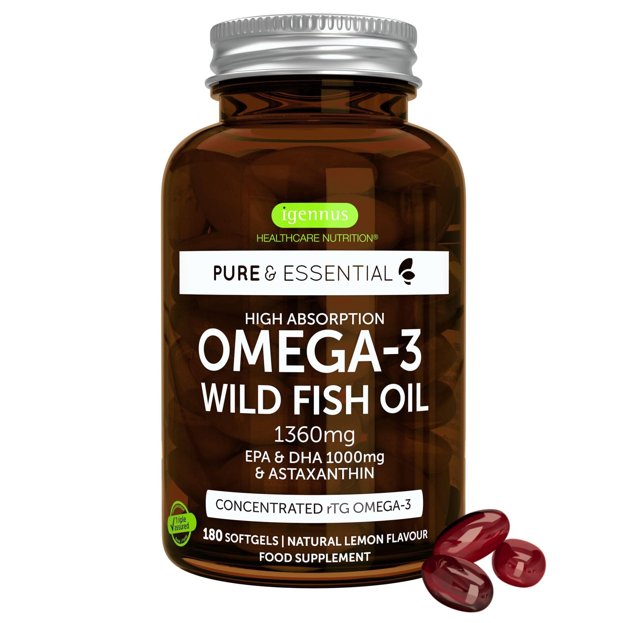 Igennus Omega 3 IFOS 5 Stelle 1000mg, Olio di Pesce Ultra Puro Trigliceridi rTG, EPA 670mg & DHA 330mg, Omega-3 Acidi grassi ad Alto Dosaggio, 180 Softgel, Testato Sicuro per Mercurio, PCB e Diossine