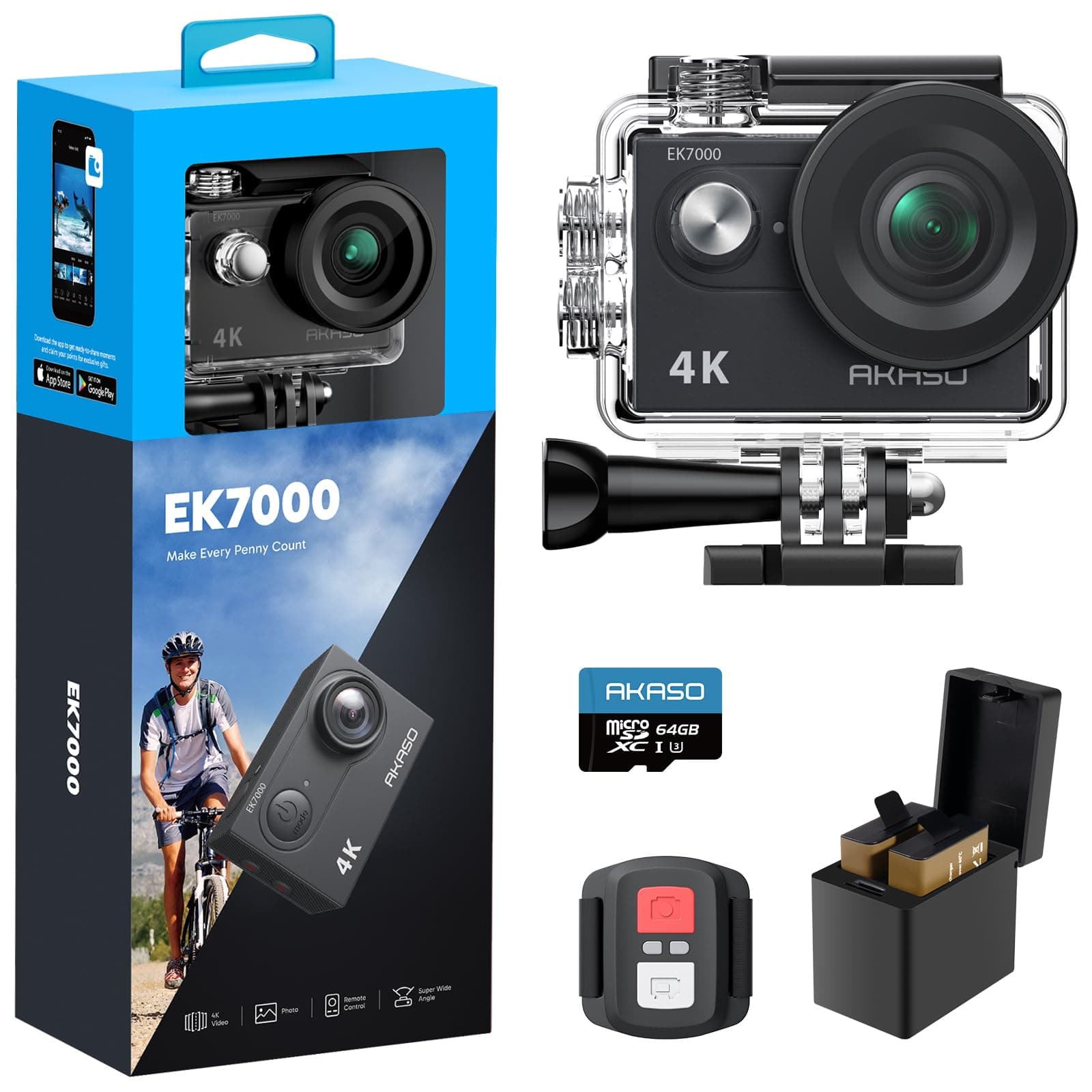 AKASO EK7000 Cámara Deportiva 4K con Tarjeta de Memoria microSDXC de 64GB Cámara de acción 4K 20MP WiFi Gran Ángulo 170° con EIS Control Remoto 2.4G Camara Acuatica Sumergible 30M 2 Baterías