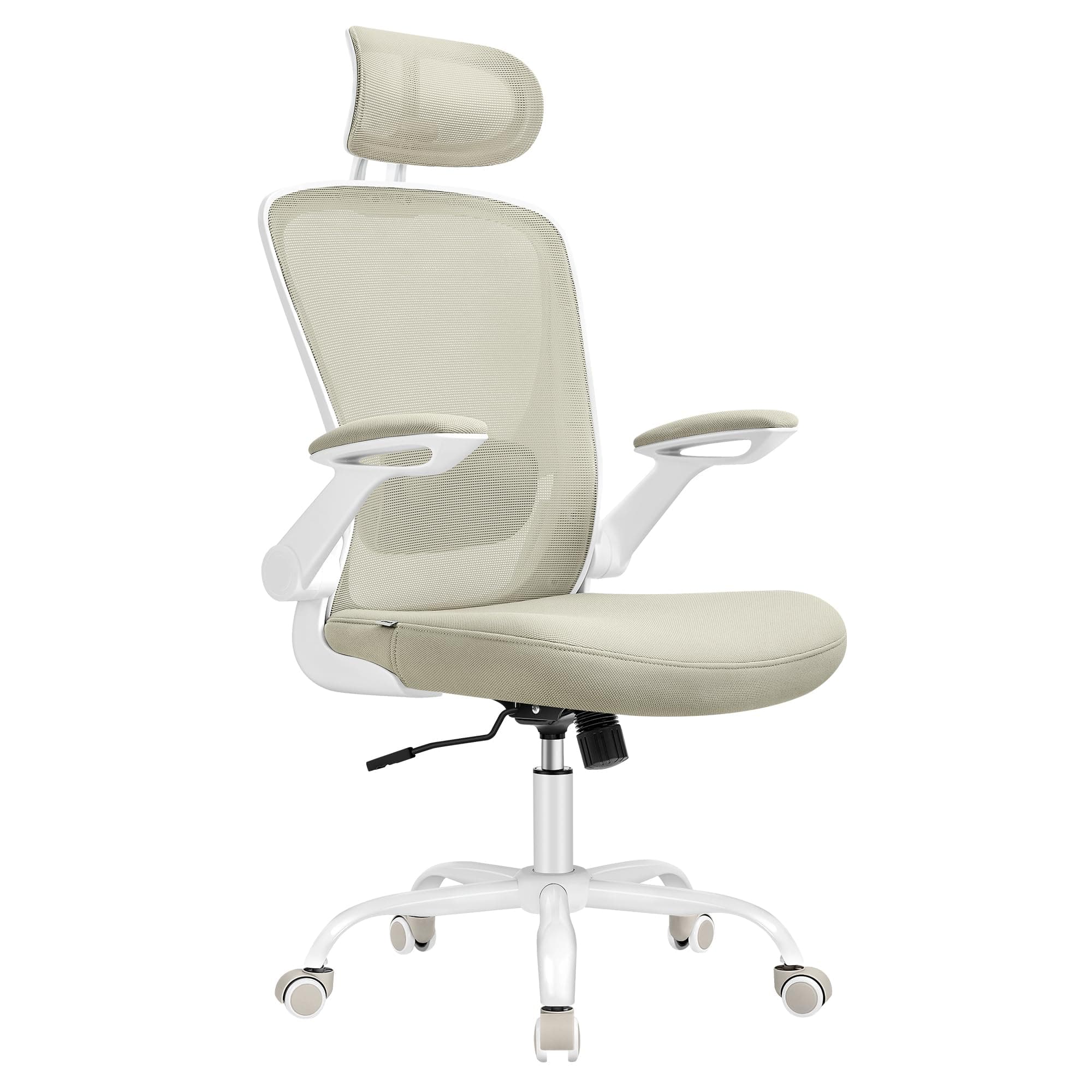 SONGMICS Sedia da Ufficio Girevole, Sedia di Rete da Computer Ergonomica, Supporto Lombare, Oscillante, Seduta 53 cm, Braccioli Pieghevoli, Poggiatesta, Beige Cappuccino OBN047K01