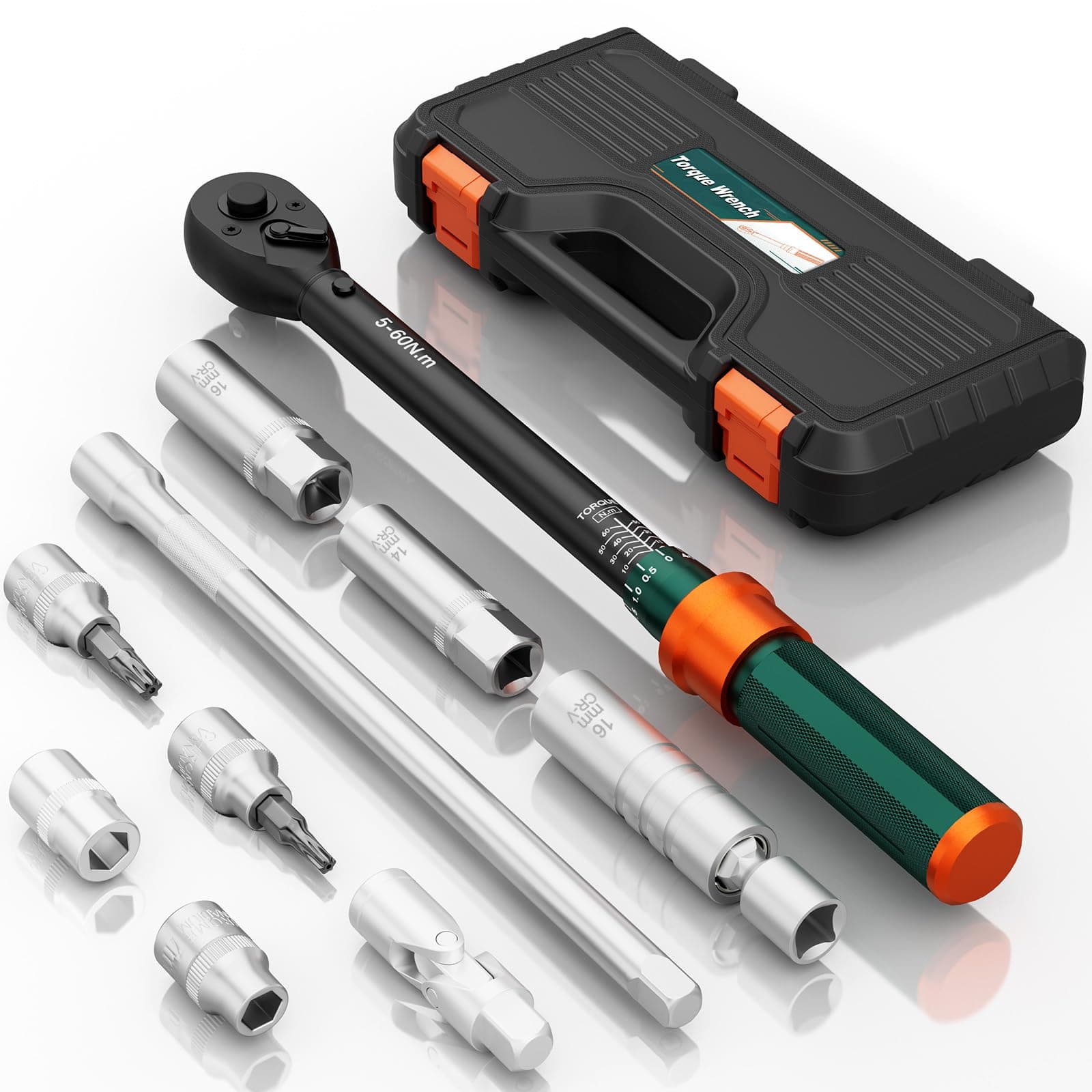 NADOKHI Llave Dinamométrica 3/8, 5-60Nm, Precisión ±3%, 10 Piezas Llave Dinamometrica con Extensión 250mm, Junta Universal, Vasos de Bujía, Bits, para Bicicleta, Moto, Reemplazo de Bujías de Coche