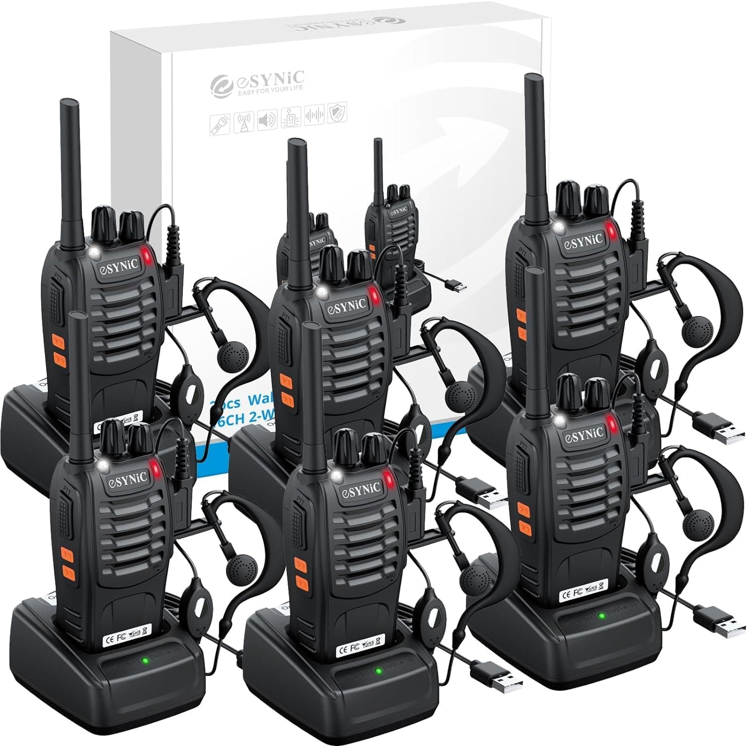 eSynic 6PCS Walkie Talkies de Larga Distancia con Auriculares Walkie-Talkie Profesional 16 Canales 1500mAh con Cargador USB Soporta VOX para Sobrevivir en el Campo Ciclisimo