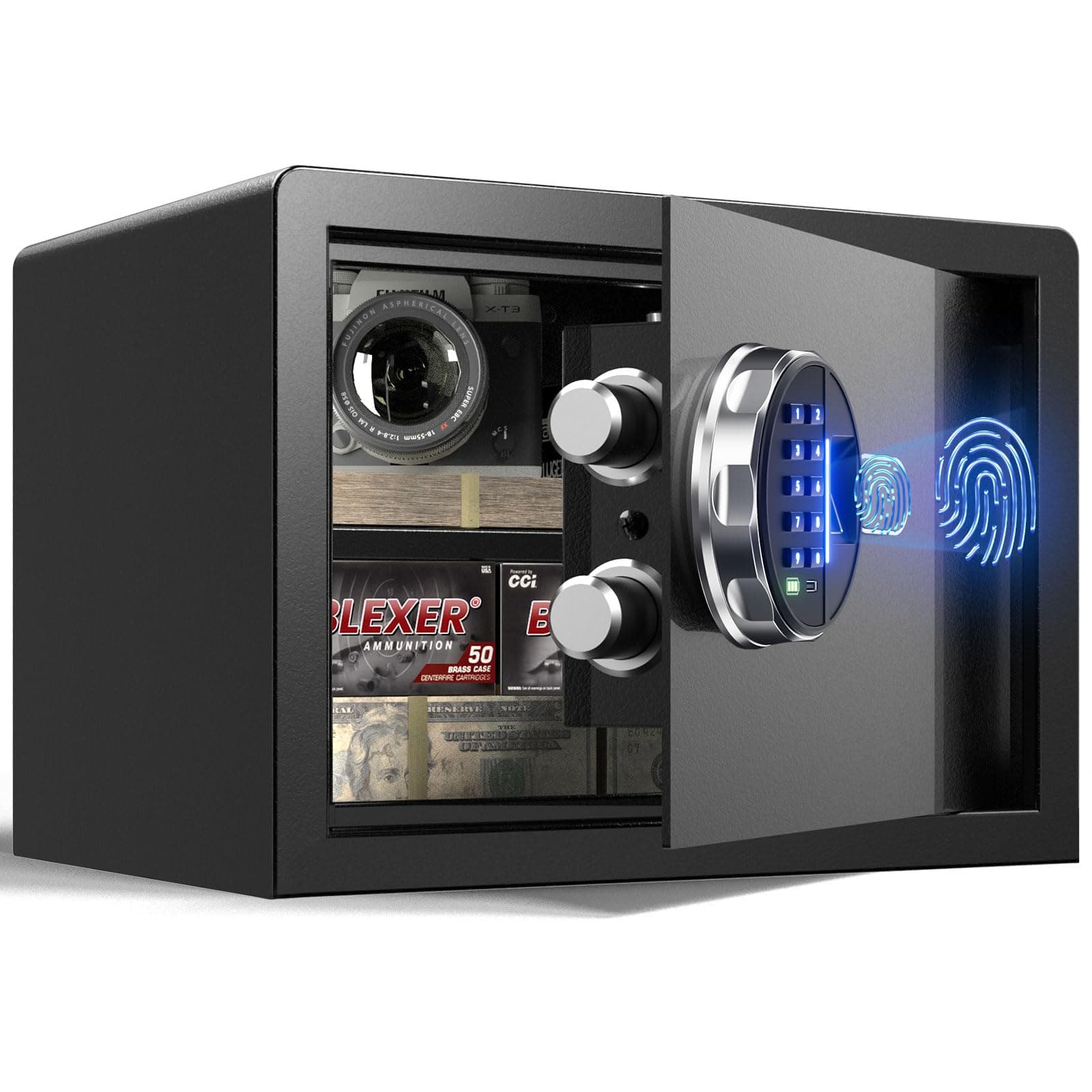 Grimtron Coffre-fort biométrique intelligent 14 L (𝟖,𝟓 𝐤𝐠) – Ouverture par empreinte digitale, mode silencieux, clavier rétroéclairé et éclairage LED, 𝐂𝐚𝐝𝐞𝐚𝐮 𝐅ê𝐭𝐞 𝐝𝐞𝐬 𝐏è𝐫𝐞𝐬