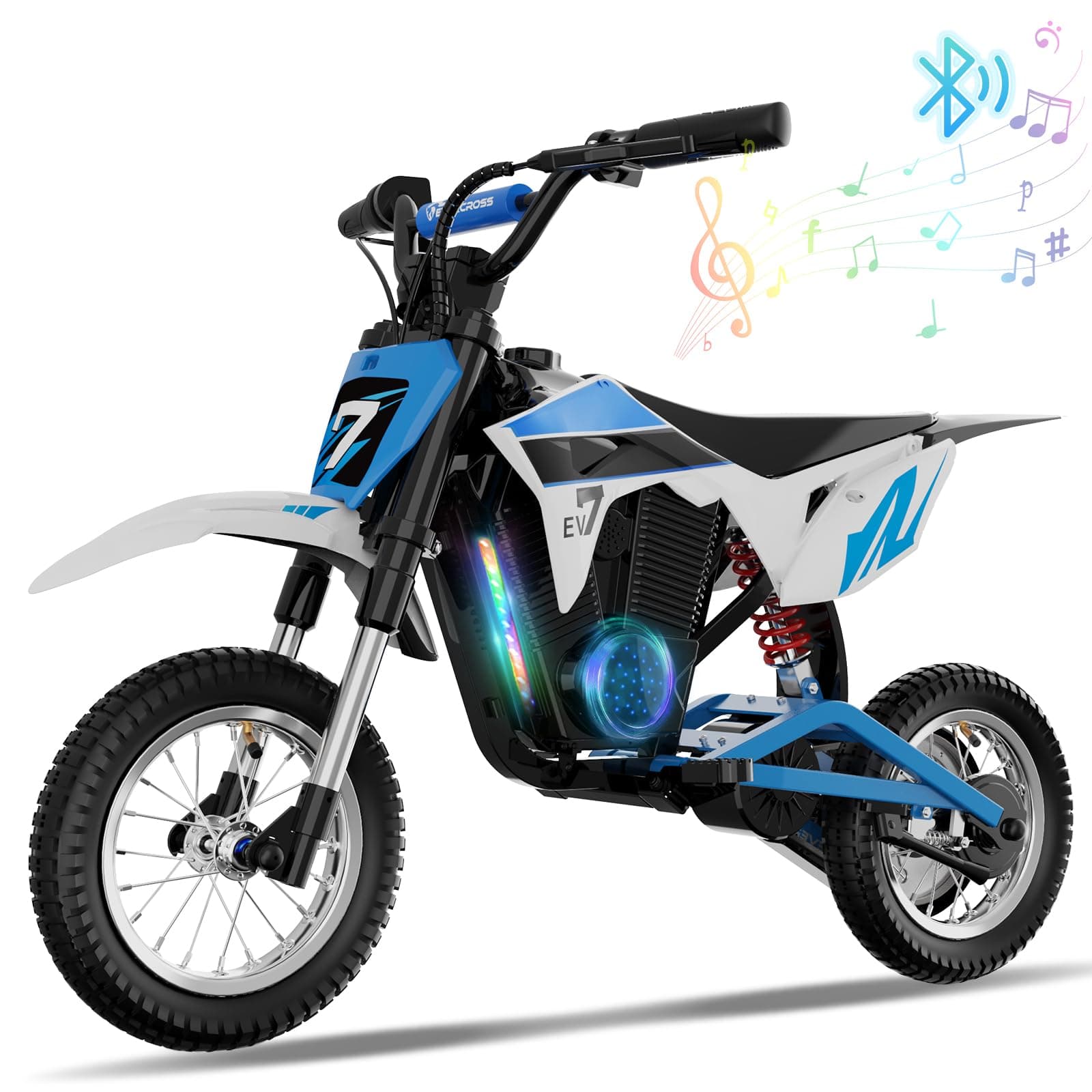 EVERCROSS EV12M Pro Moto Electrique Enfants, Moteur 300W, 3 Modes de Vitesse, Autonomie 18 KM, Pneu Pneumatique 12'', Musique Bluetooth, Lumières Colorées, Moto Cross pour Taille 110cm et Plus