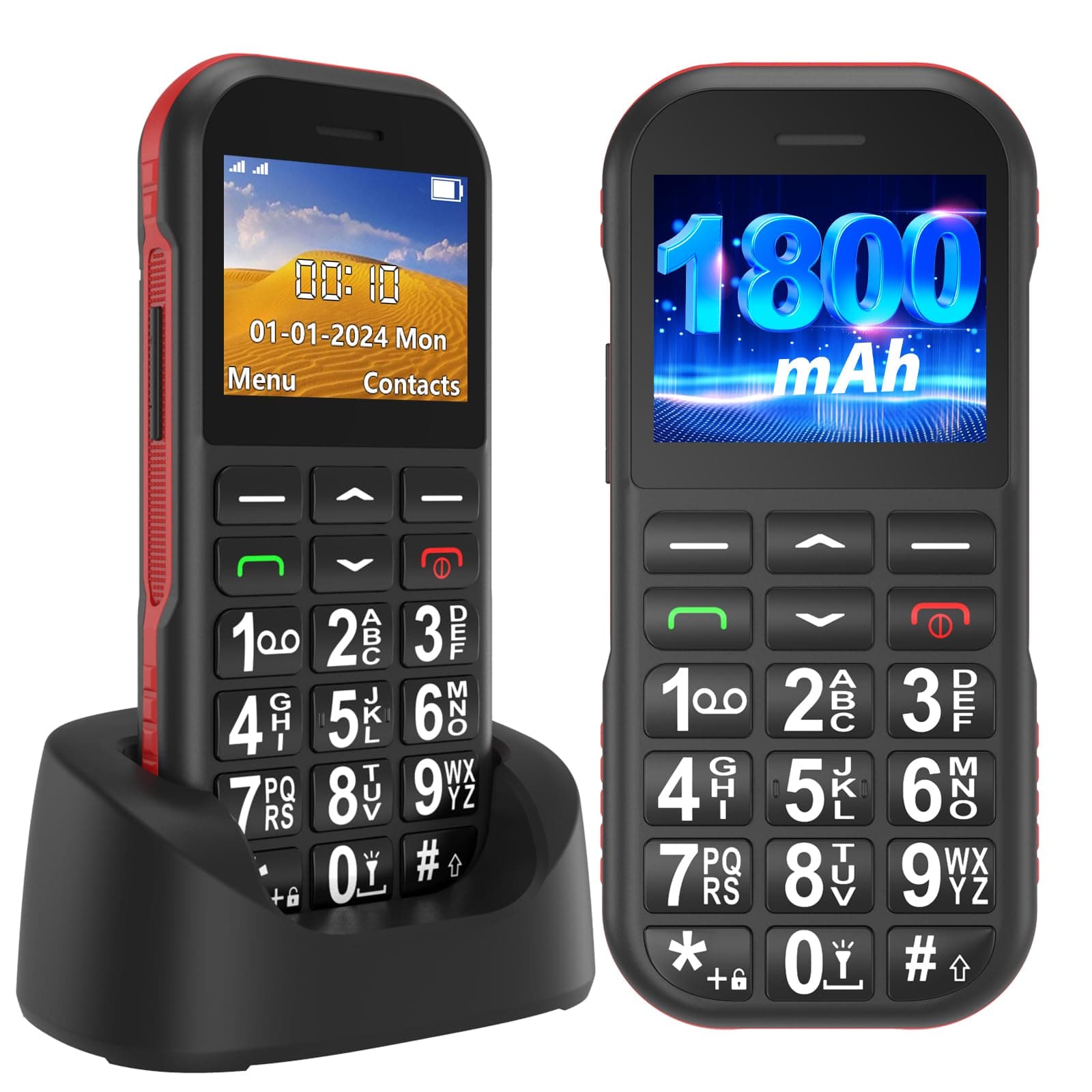 Ufferson Telefono Movil para Mayores Libre, gsm Fácil de Usar Teléfono Móvil Basico de Teclas Grandes, Batería de 1800 mAh, Admite Tarjetas SIM Duales, Cable USB Tipo C, Botón SOS, Base del Cargador