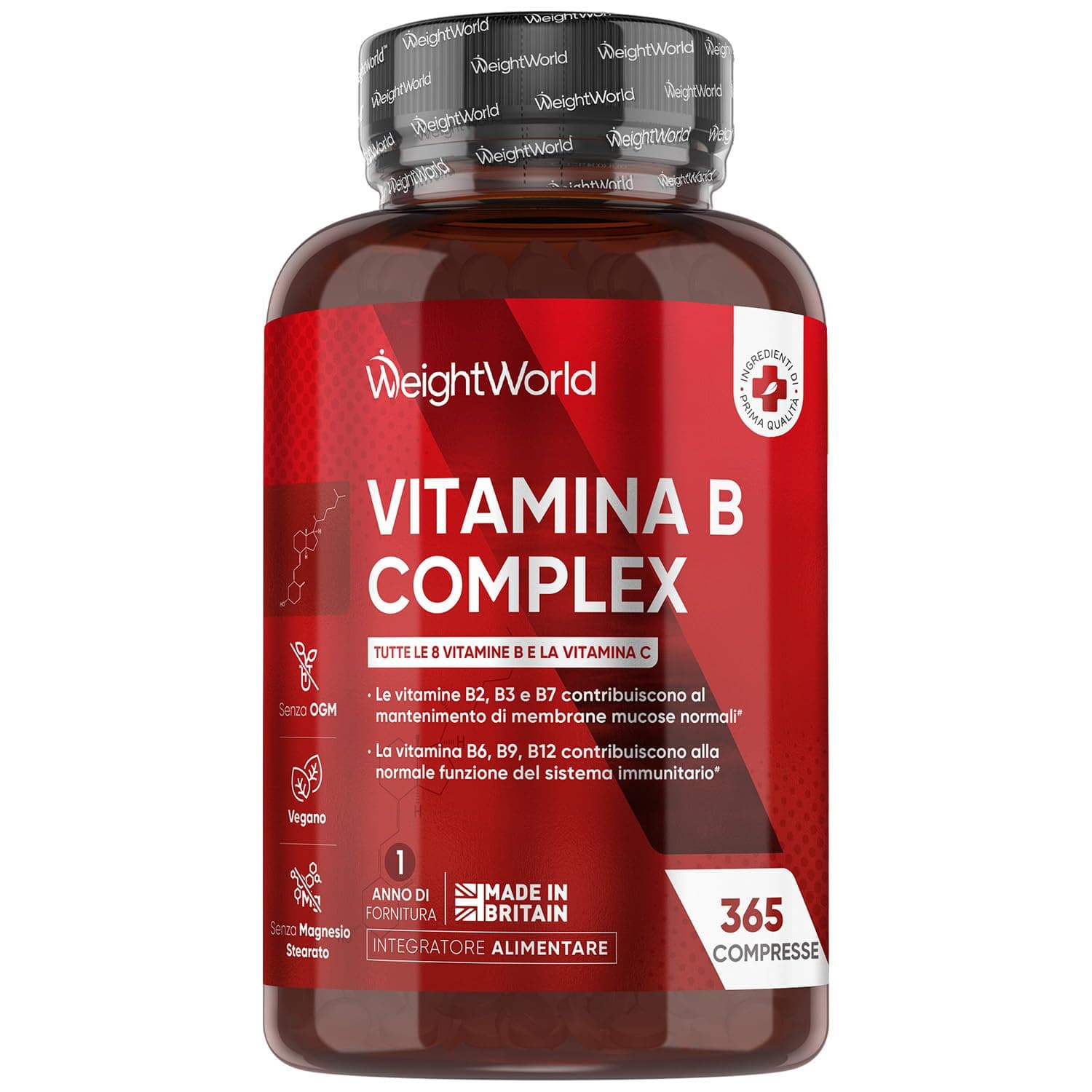 Vitamina B Complex, 365 Compresse Vegane, 1 al Giorno (1 Anno), con Biotina, Acido Folico, Riboflavina, Inositolo, Vitamina B12, B1, B3, B4, B5, B6 e Vit C (Acido Ascorbico), Senza Magnesio Stearato