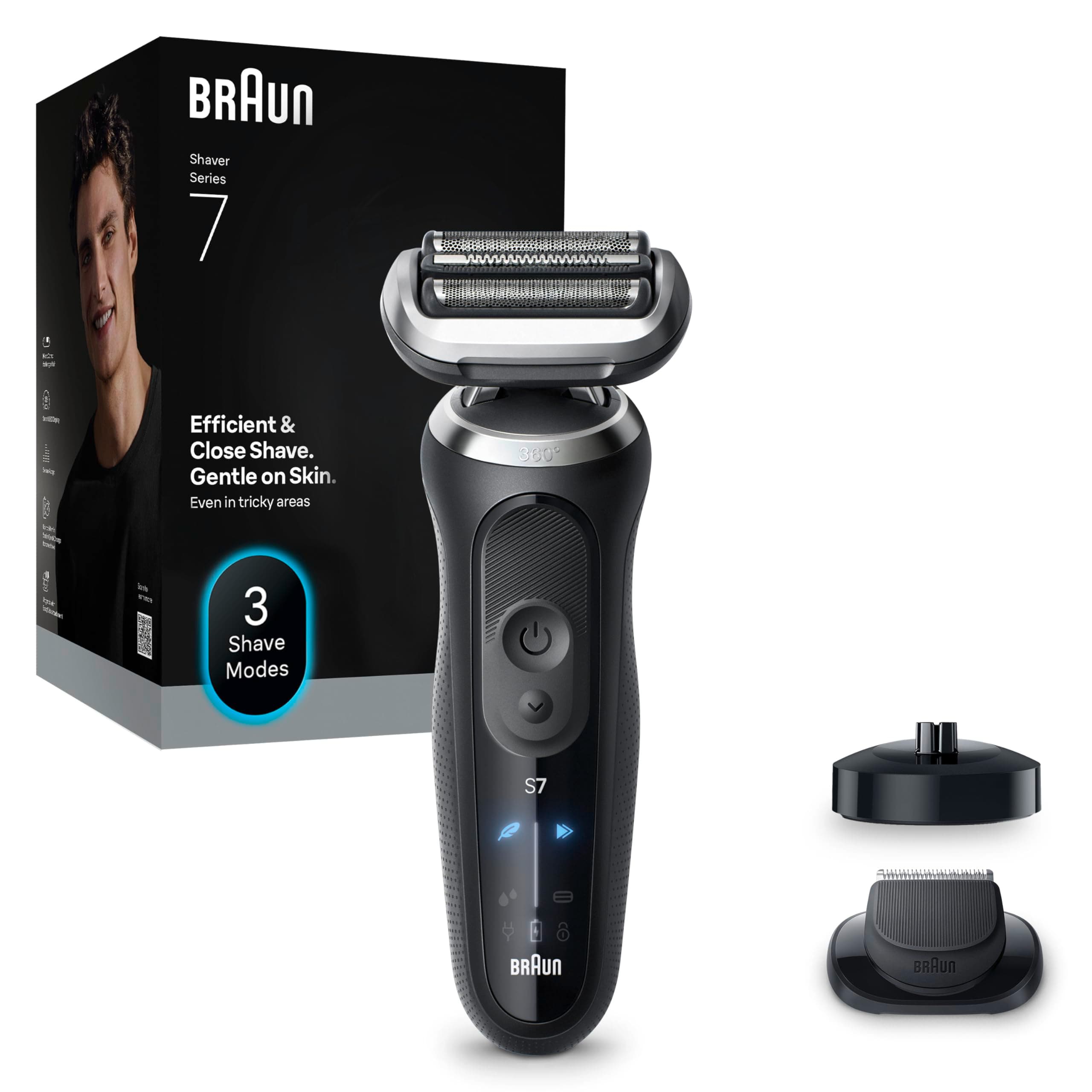 Braun Rasoir Electrique Homme Series 7 72-N4200csNoir, Etanche, Lames Flexibles Pour Bien Raser Le Visage, 3 Modes De Rasage De Barbe, Avec Tondeuse De Précision, Coffret Avec Brosse De Nettoyage