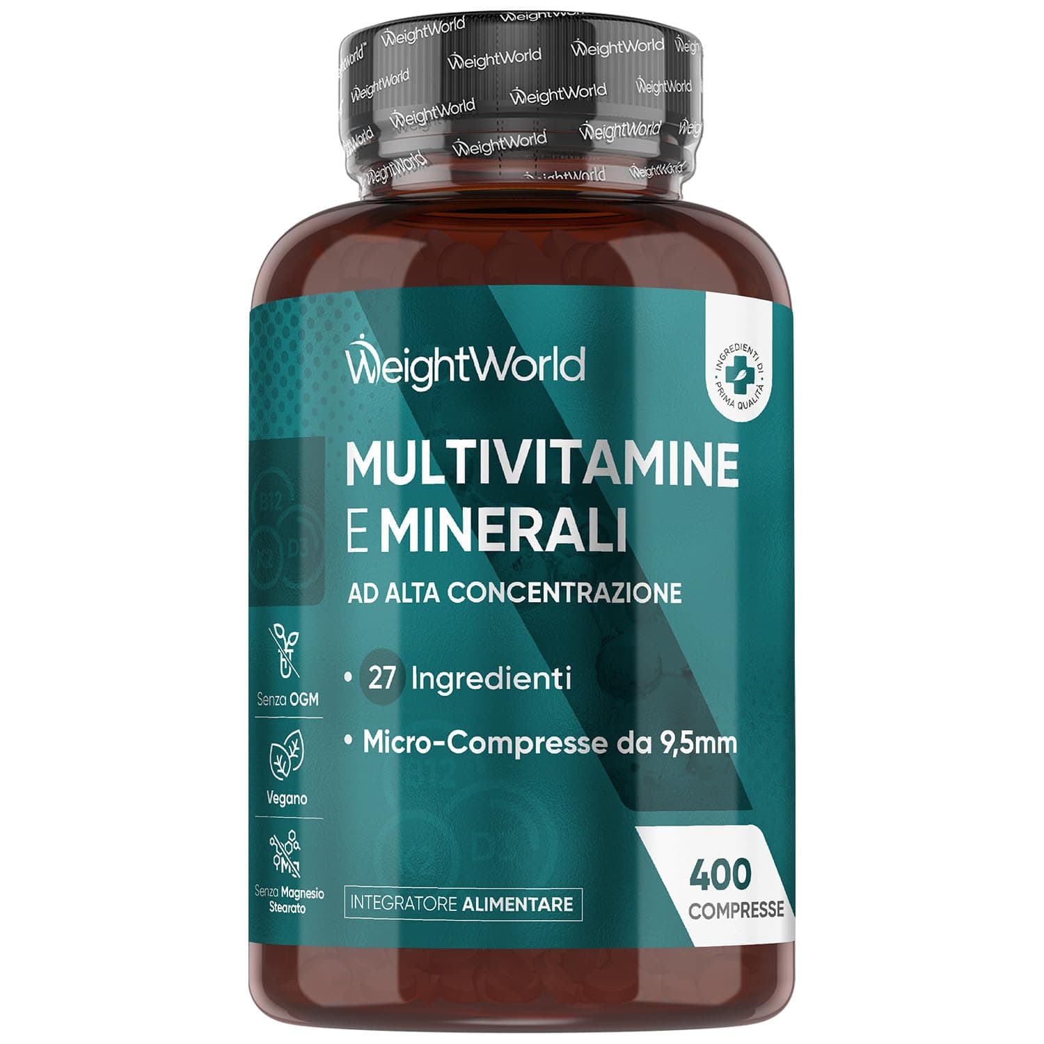 Multivitaminico Completo in 400 Compresse Vegane (+1 Anno), 27 Vitamine e Minerali Essenziali, Multivitaminico Uomo e Donna, Vitamine A, B, C, D, E, K, Ferro, Zinco, Potassio, Senza Magnesio Stearato