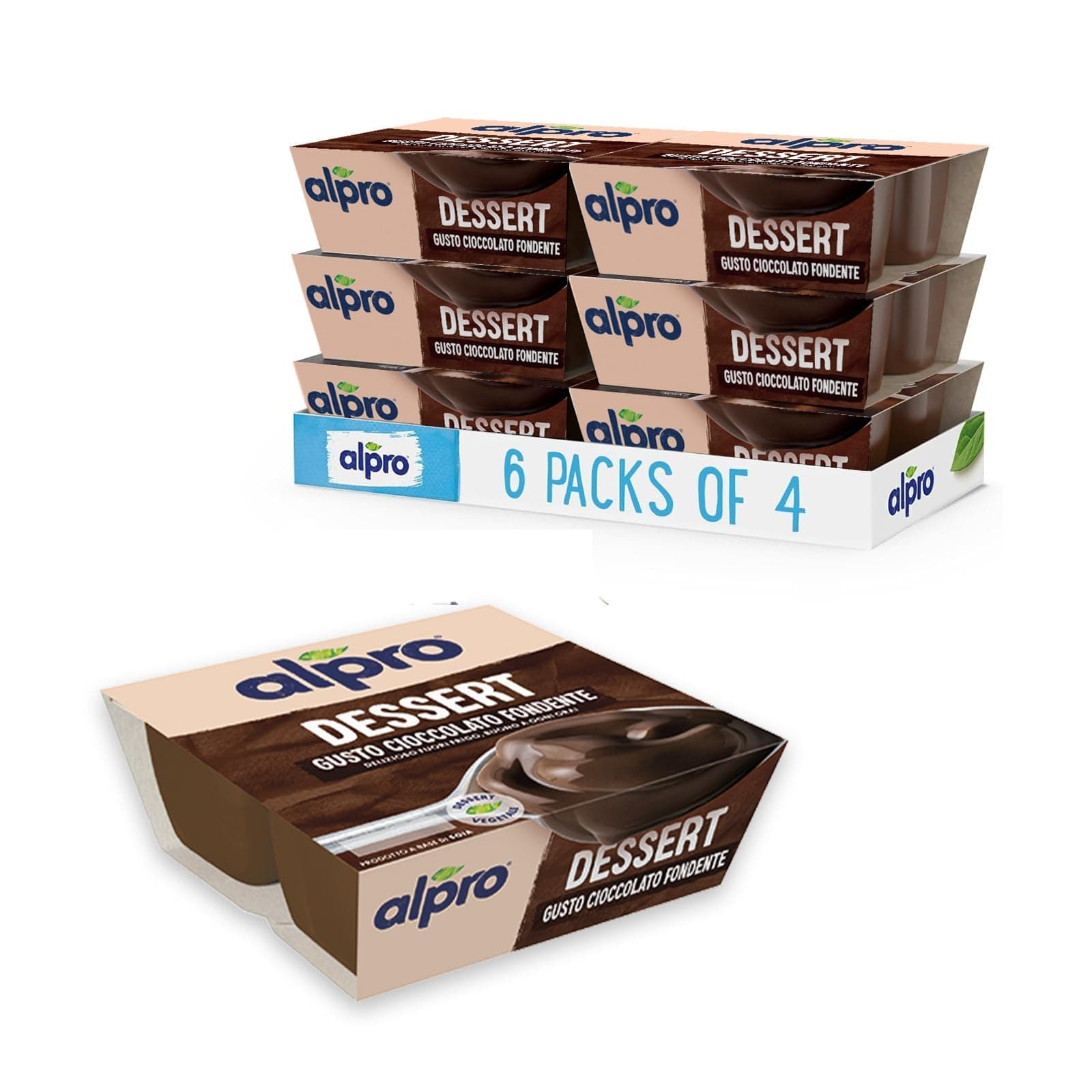 ALPRO DESSERT, Alternativa Vegetale al Budino al gusto CIOCCOLATO FONDENTE, Morbido e Goloso, Naturalmente Senza Lattosio - 6 confezioni da 4x125 g