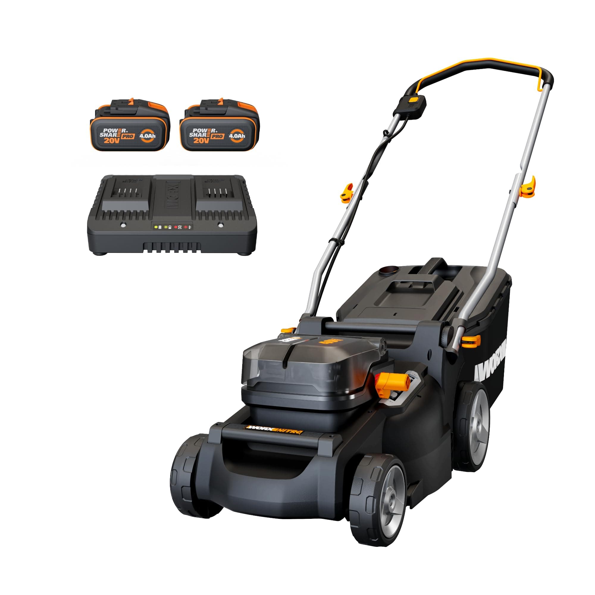 WORX Nitro WG737E tagliaerba a batteria 40 V (2 x 20 V) – potente motore brushless – larghezza di taglio 37 cm – 6 livelli di altezza di taglio (20 – 70 mm) – sacco di raccolta erba da 40 l
