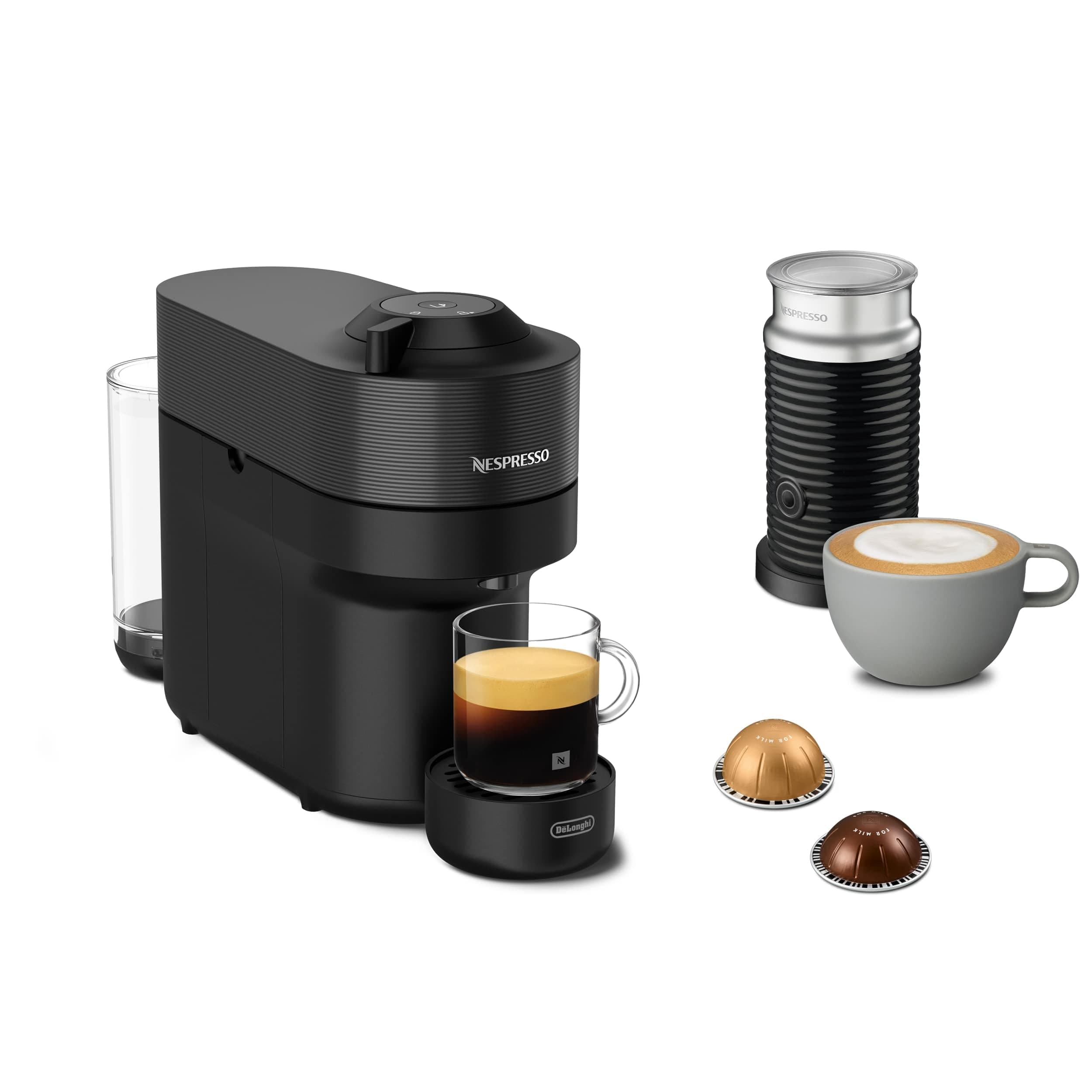 Nespresso De'Longhi Machine à Café Vertuo POP Noir, Capsules café Vertuo seulement, Technologie Centrifusion, 5 Tailles de Tasses + Kit de Bienvenue, Design Compact, Arrêt Automatique, ENV90.BAE