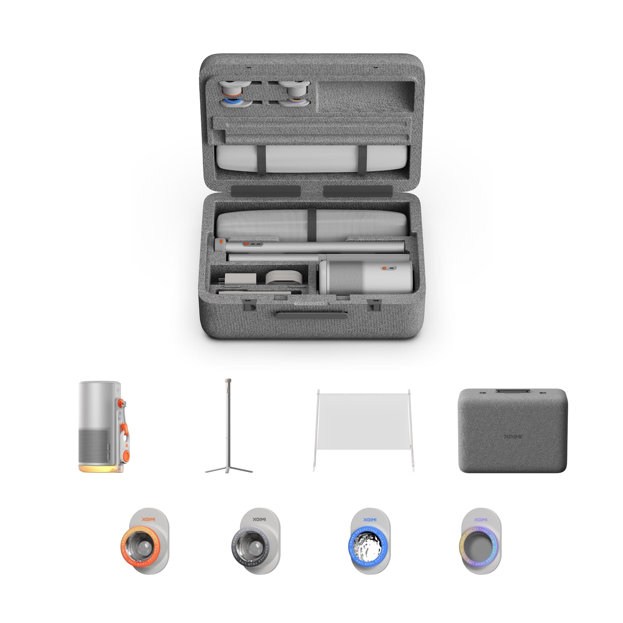 XGIMI MoGo 4 Laser Vidéoprojecteur Collection,550 ISO Lumens, Compatible avec Google TV Netflix, Autonomie de 5 Heures,Kit Extérieur/Intérieur avec Trépied PowerBase, Écran de 70", 4 filtres