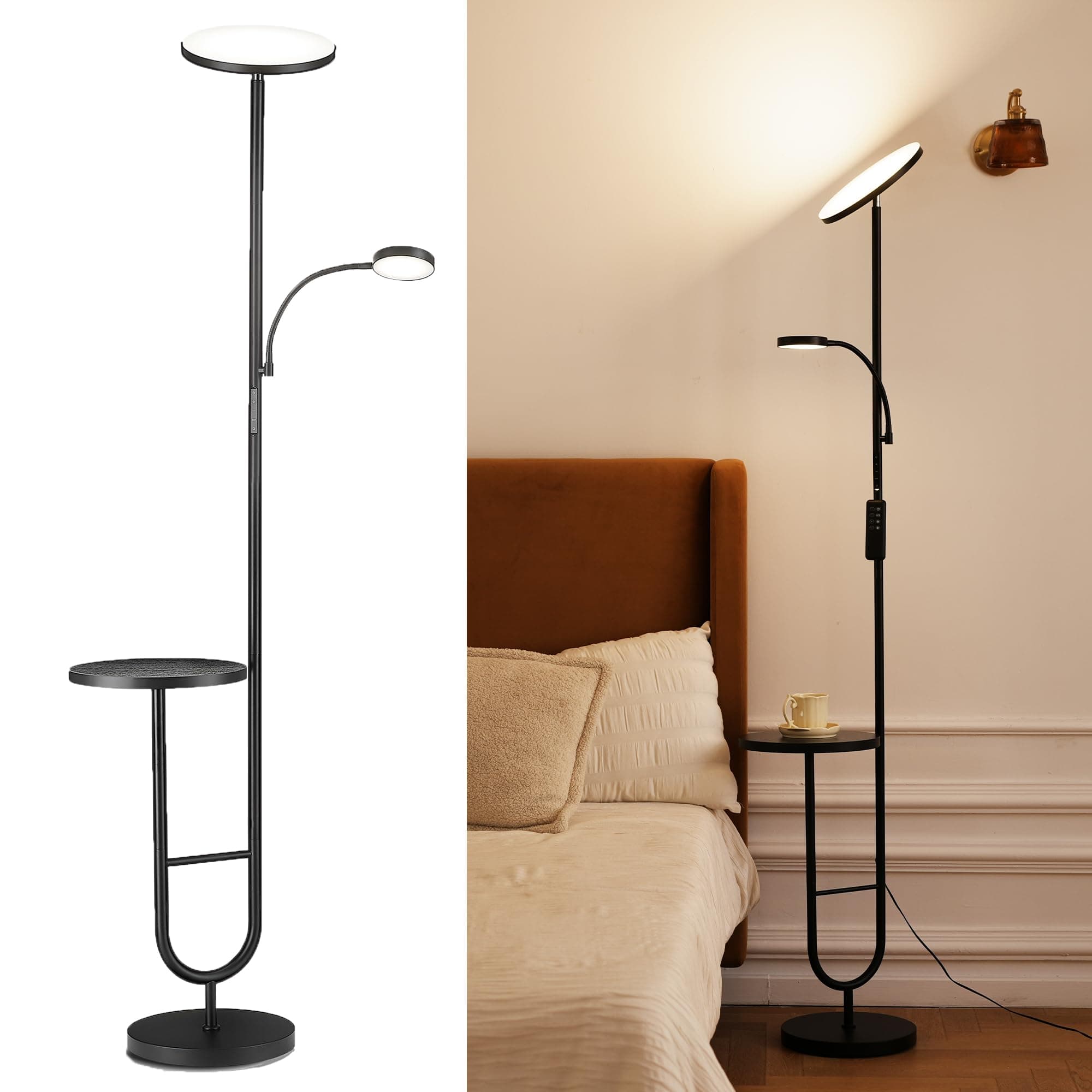 LuminexDesigns Lámpara de Pie LED con Mesa, 36W+7W Regulable 3200LM+600LM con Mando, Cabezal Giratorio 350°, 2700K-6500K, Lámpara Moderna para Salón Negra