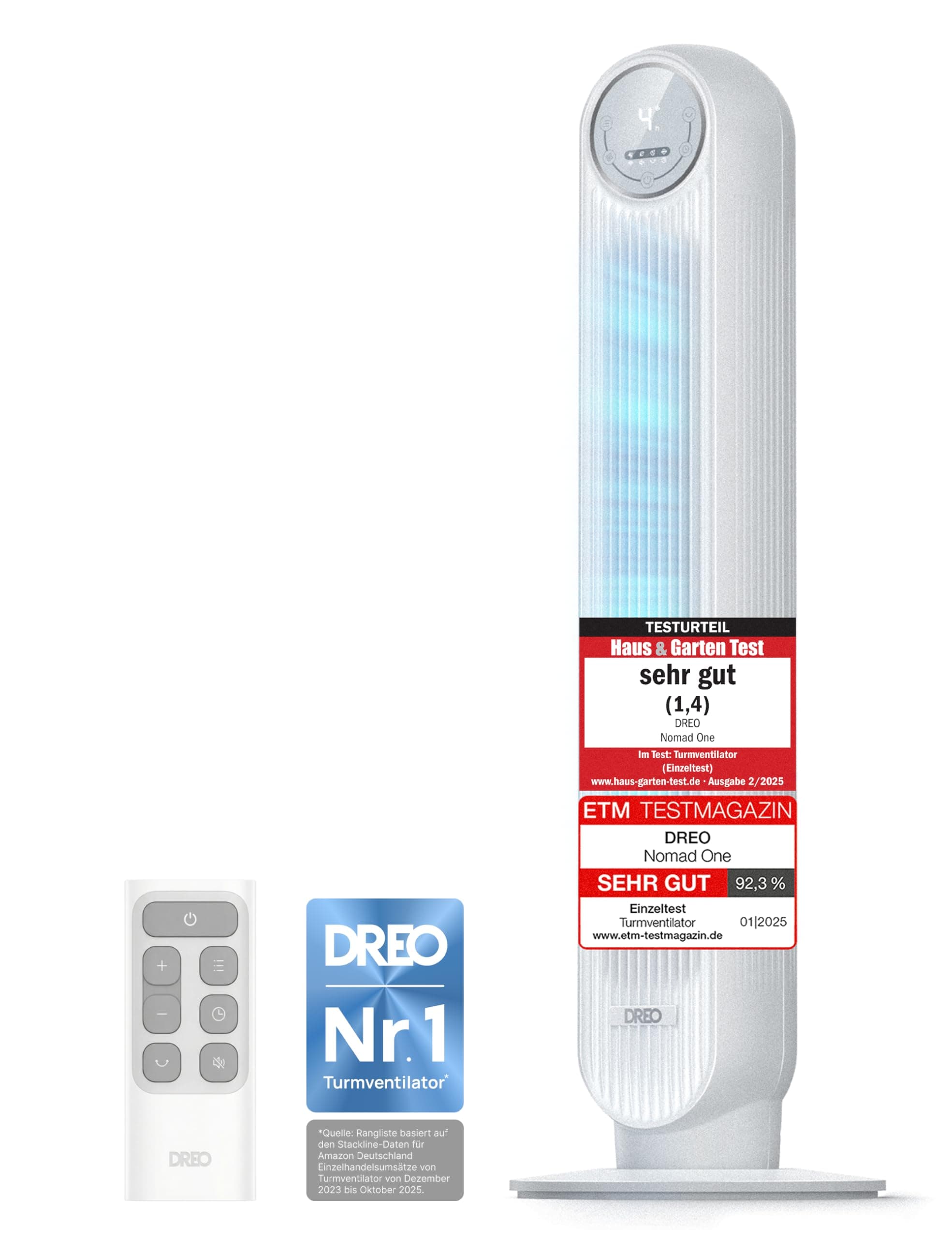 Dreo 20dB Leiser Turmventilator, 10 m Wurfweite 4 Geschwindigstufen 4 Modi 8 Std. Timer 90° oszillierende Ventilator mit Kühlung Fernbedienung für Schlafzimmer, Nomad One, Weiß