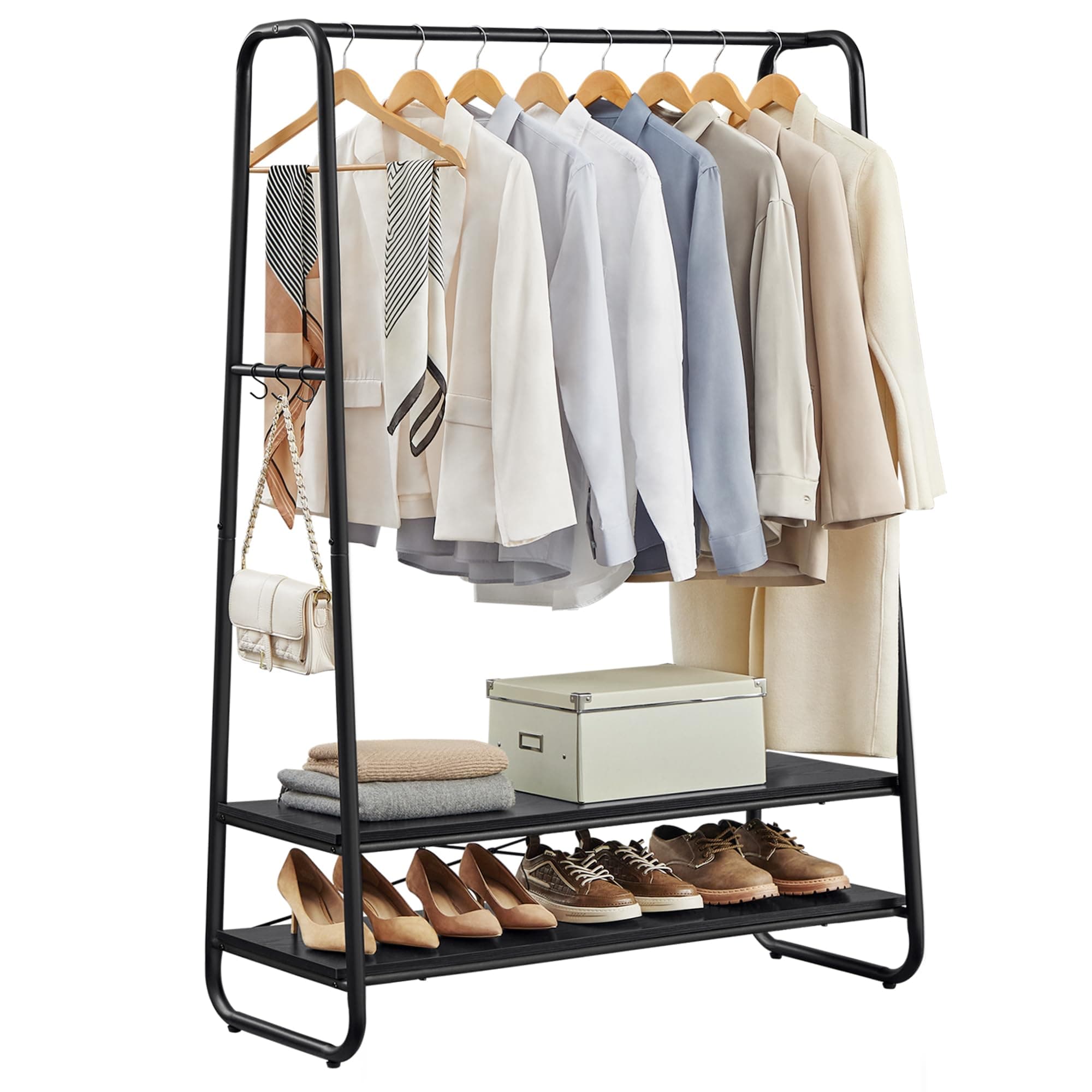 VASAGLE Kleiderständer, Garderobenständer, Garderobe, 2 Ablagen, 6 Haken in S-Form, Stahlgestell, 45 x 100 x 160 cm, für Schlafzimmer, Flur, Eingangsbereich, ebenholzschwarz-mattschwarz RGR112B03