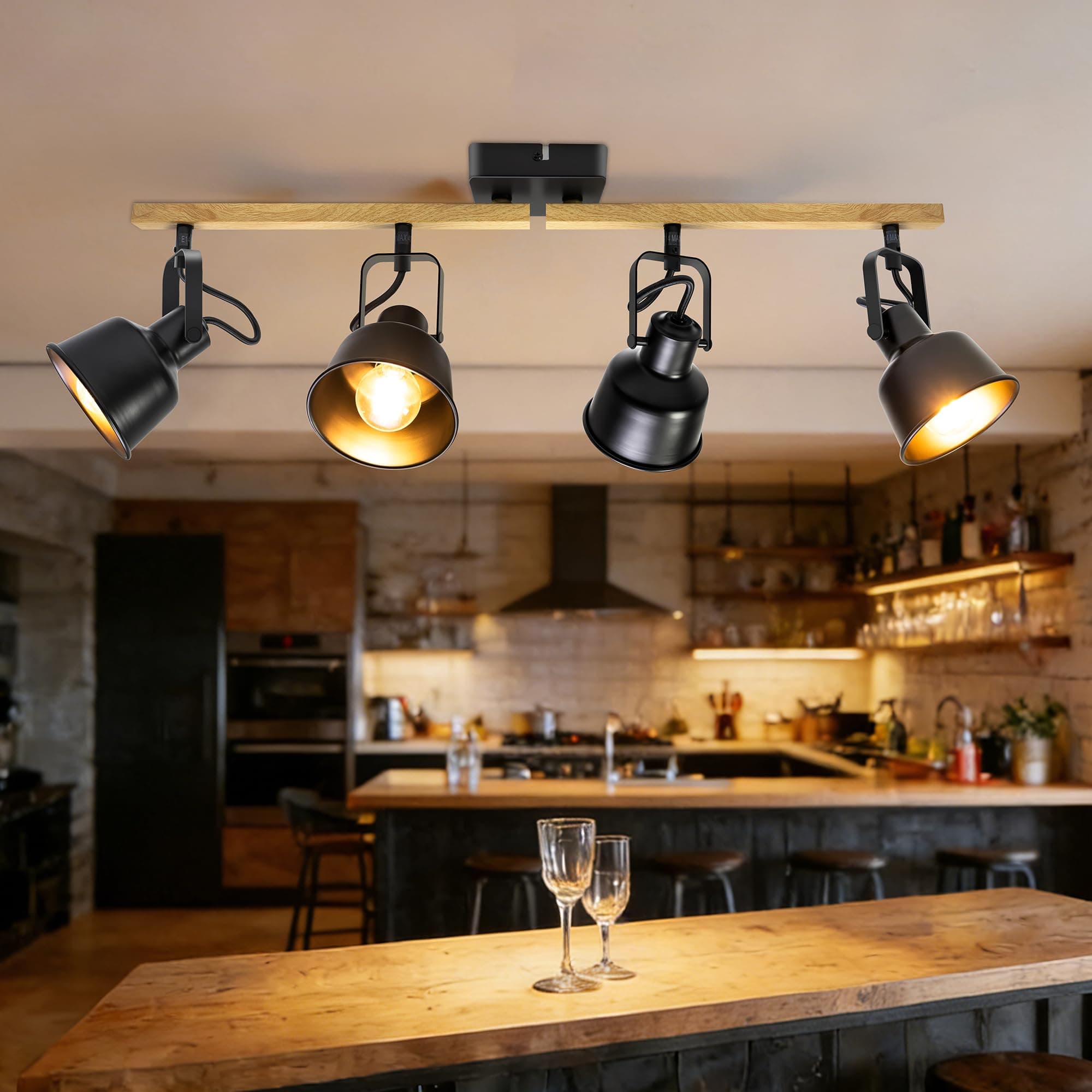 Aulaiyi Plafonnier Industriel Spots et Rails de Spots, 4 Spots LED Orientable avec Douille E14, Luminaires Intérieur avec Base Rectangulaire en Bois, pour Cuisine Chambre Salon, Noir (sans Ampoule)