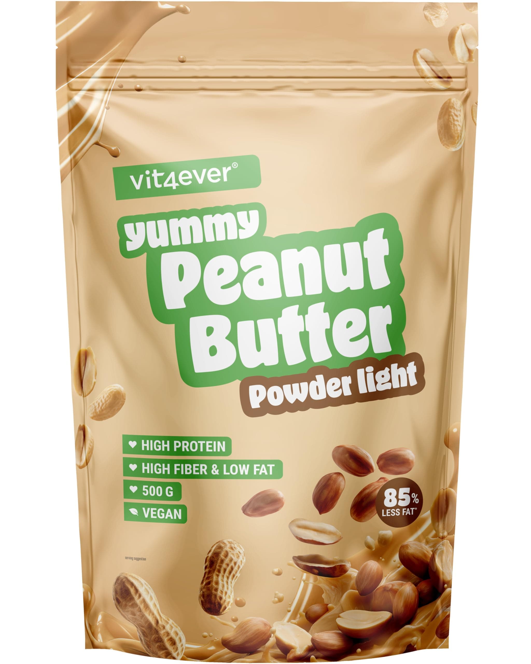 vit4ever Erdnussbutter light Pulver 500 g - Powdered Peanut Butter 85% weniger Fett, ohne Zucker - Peanutbutter Creme mit leckerem Geschmack