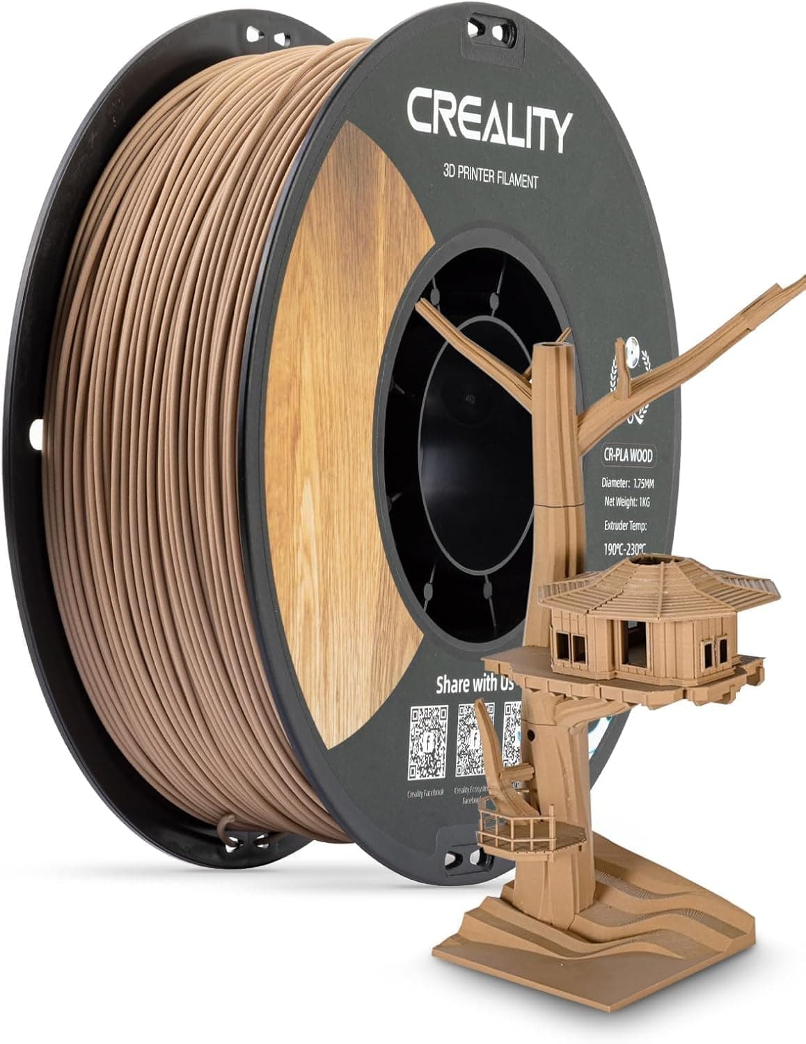 Creality Holzfilament 1,75mm, CR PLA mit natürlicher Holztextur - 1kg Spule, matte Oberfläche - Maßgenau ±0,02mm