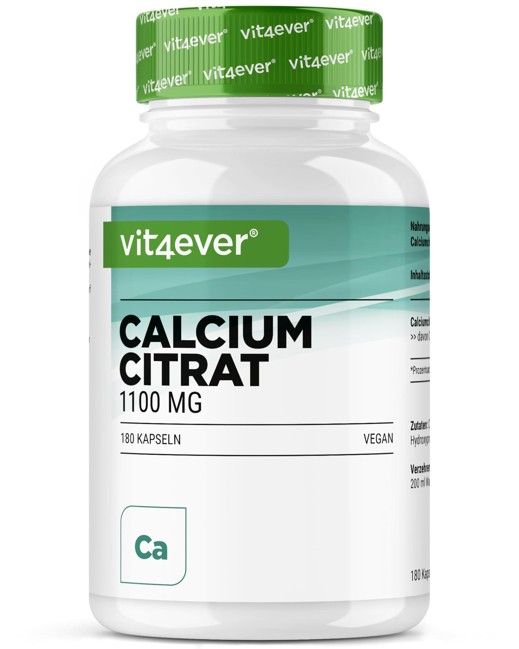 vit4ever Calciumcitrat - 180 Kapseln - hochdosiert mit 1100 mg pro Kapsel - 2 Monatsvorrat- hohe Bioverfügbarkeit - Kalzium für Knochen, Zähne & Energiestoffwechsel - laborgeprüft, vegan