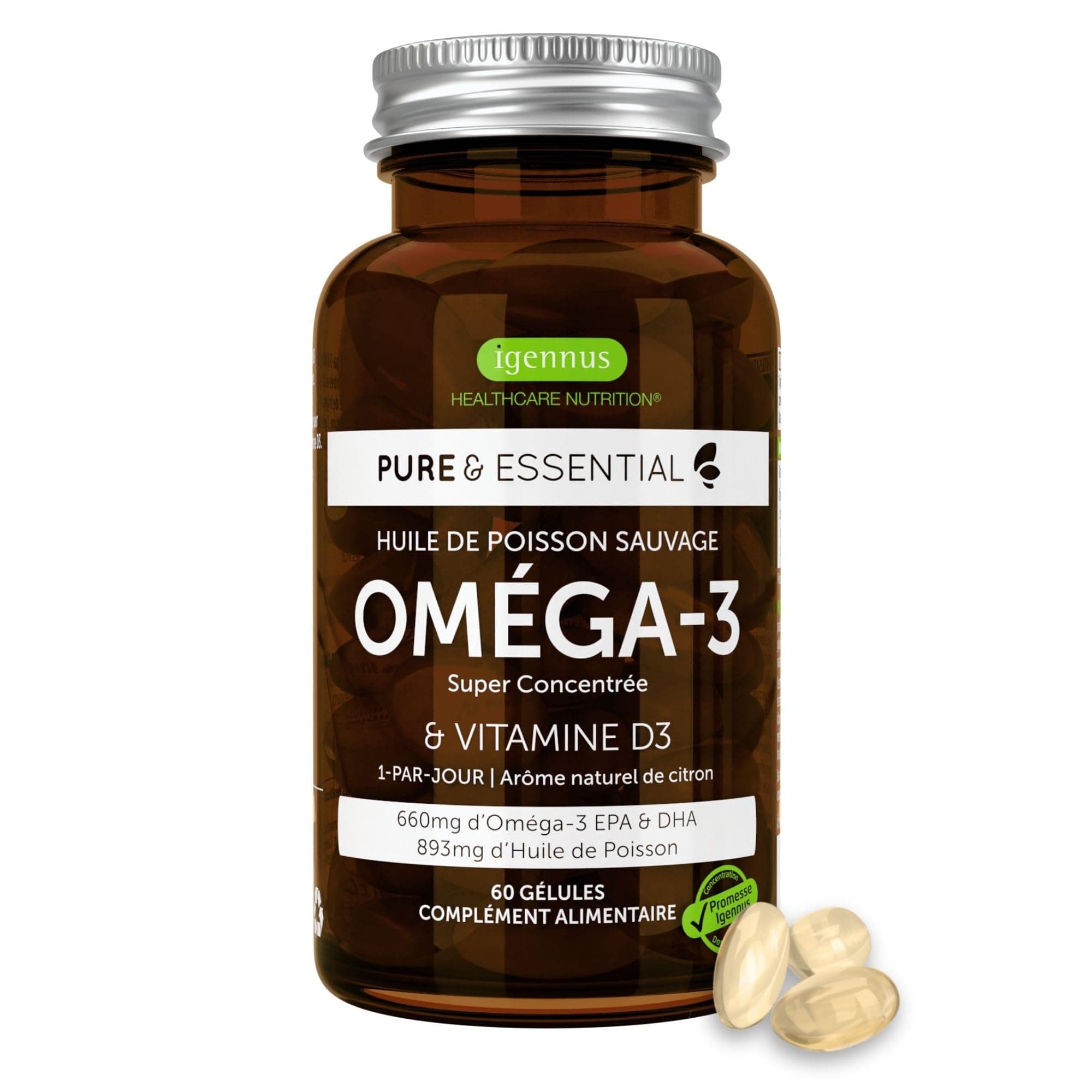 Igennus Haute Concentration Omega 3 Huile De Poisson Sauvage & D3, EPA DHA 660 mg, 1 Par Jour, 60 Doses, Certifié IFOS, Forme Triglycérides rTG, Goût Citron