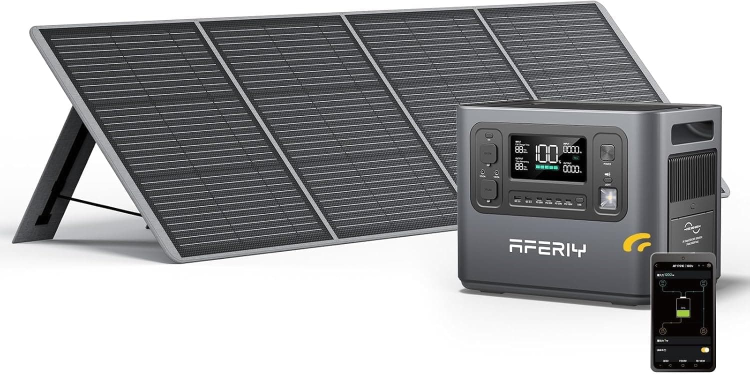 AFERIY Generador Solar 2400 W con Panel de 200 W, Estación de Alimentación Portátil de 2048 Wh (Pico de 4800 W), Batería LiFePO4, 220 V-240 V, Plegable USB, IP65