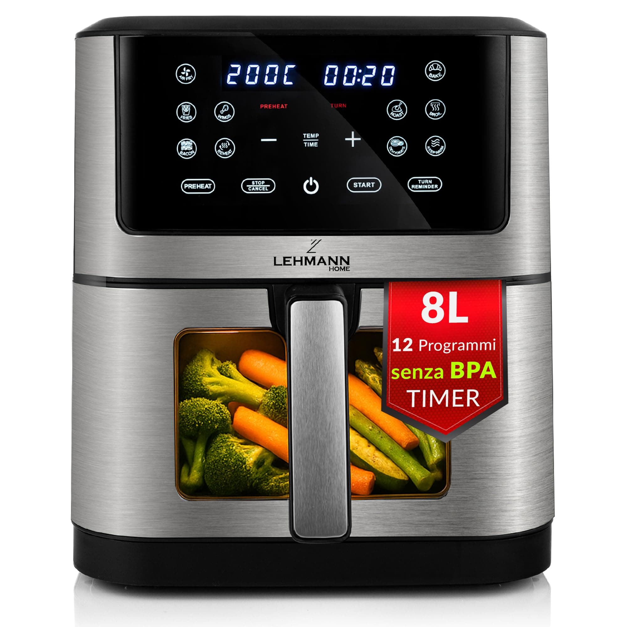 LEHMANN Friggitrice ad Aria 8 Litri XXL, 1800 W, Air Fryer con Finestra di Visualizzazione, 12 Programmi & Regolazione Manuale 76–200°C, Timer 1-60min, Rivestimento Antiaderente, Display Touch