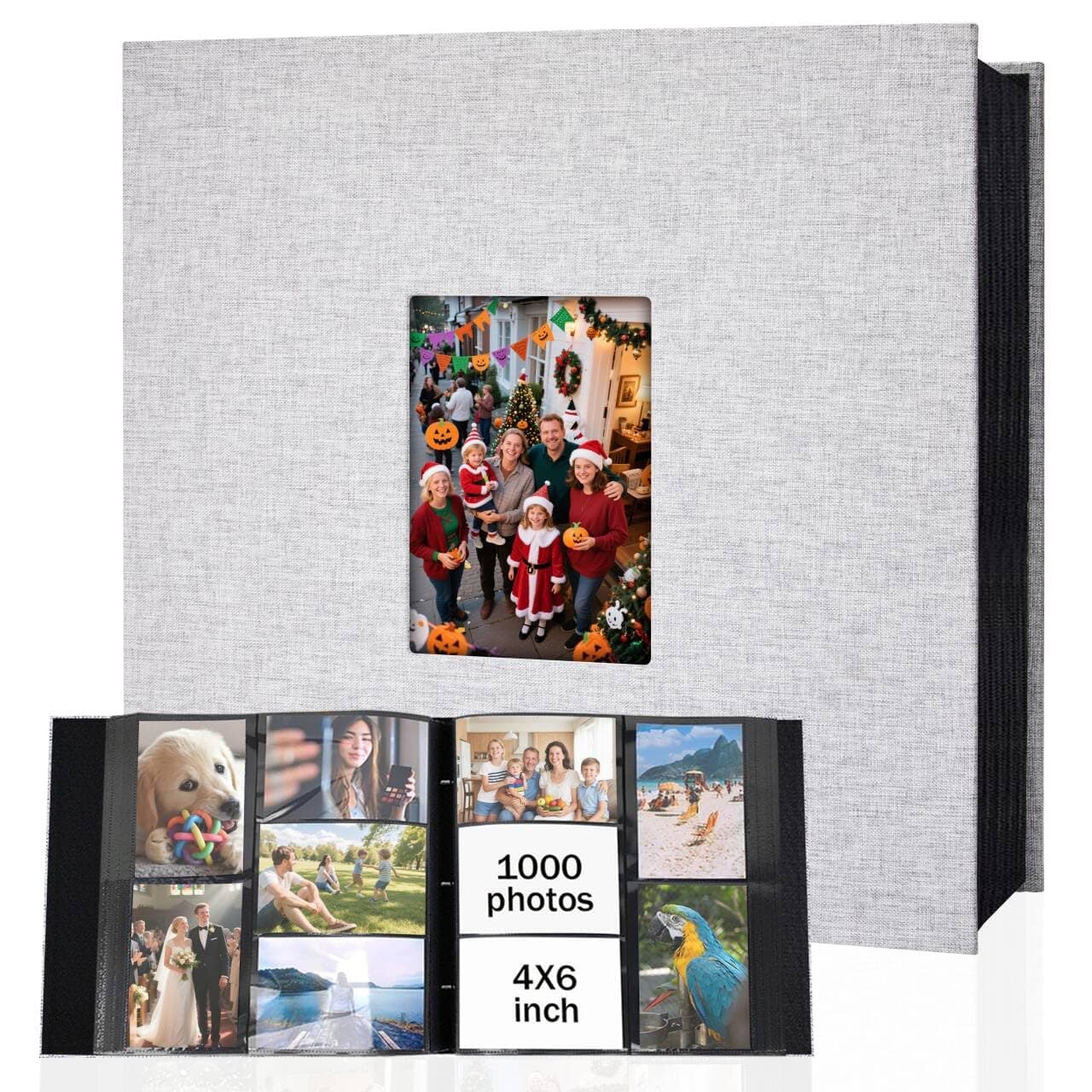 Ruibytree Album Photo Pochettes 10x15 pour 1000 Photos, Extra Grand Format, Couverture en Lin avec Fenêtre Avant, Accueille Photos Horizontal et Vertical, Idéal pour Famille, Mariage (Gris)