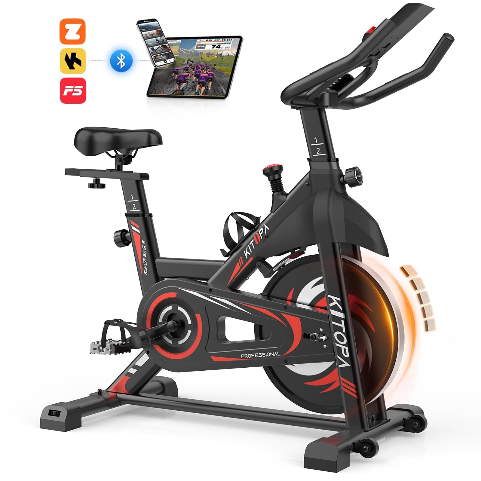 Kitopa Cyclette da Casa, Cyclette Professionale Magnetica con APP, Volano da 15 kg, Schermo Monitoraggio, Supporto Tablet, Capacità di Peso 150 kg