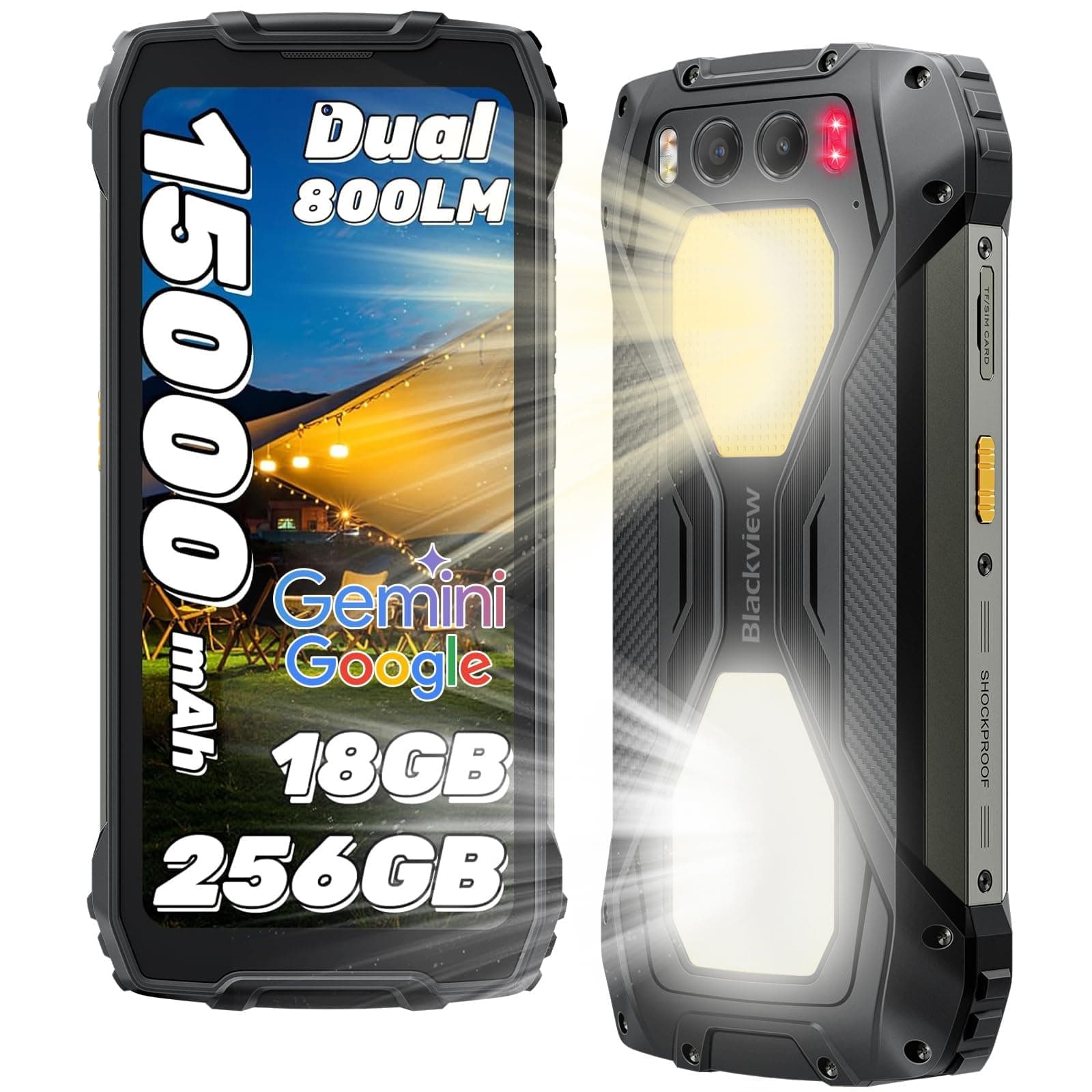 Blackview BV7300 Rugged Smartphone(538g), 800LM Luce Campeggio 15000mAh Android 14, 18GB+256GB/2TB Telefono Indistruttibile, 6.67"HD+700 nit, 50MP+20MP Visione Notturna, Fingerprint/NFC/GPS/IP68/IP69K
