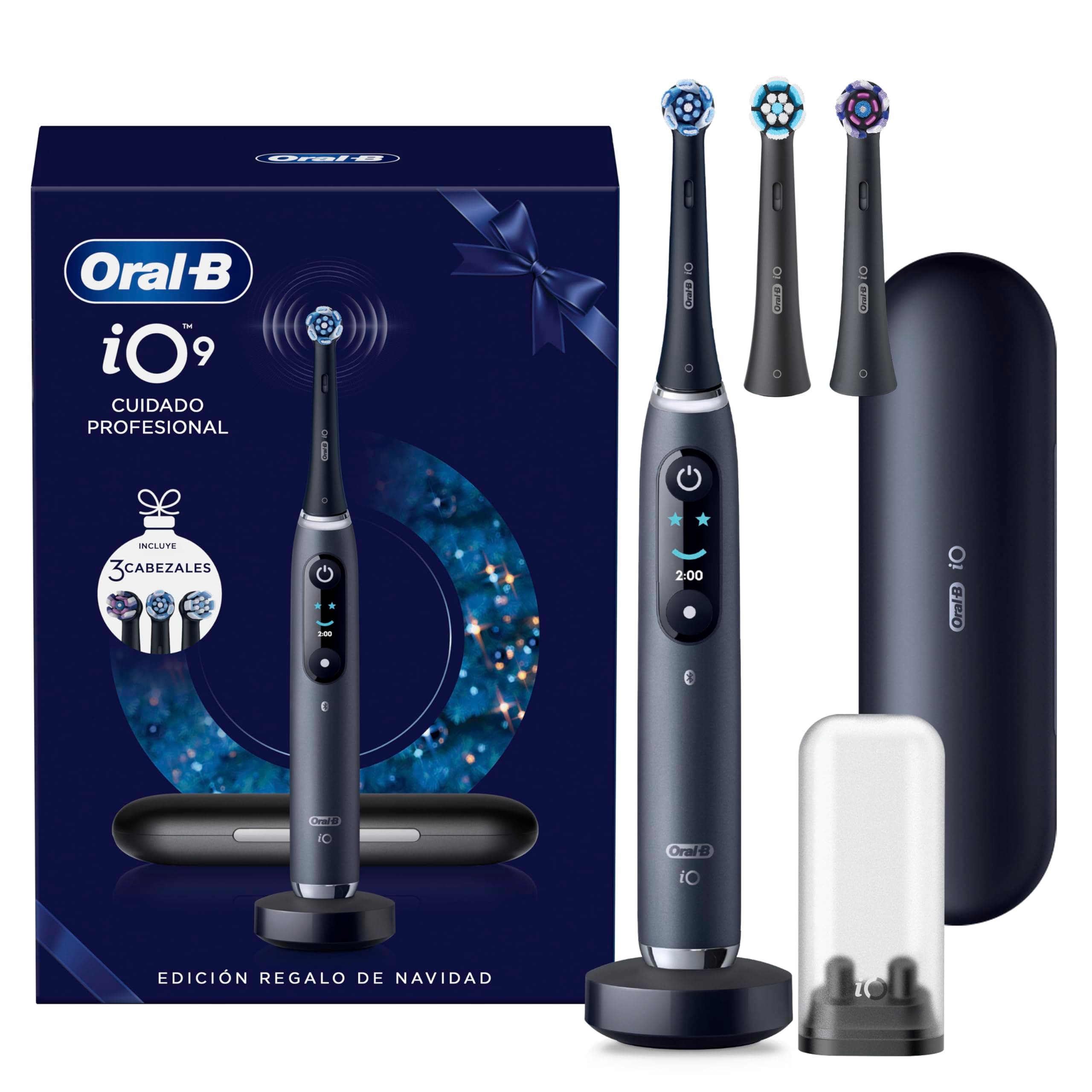 Oral-B iO 9 Cepillo de Dientes Eléctrico Negro con Mango Recargable, 3 Cabezales De Recambio y Estuche Cargador De Viaje, 7 Modos De Cepillado, Sensor De Presión, Diseñado por Braun