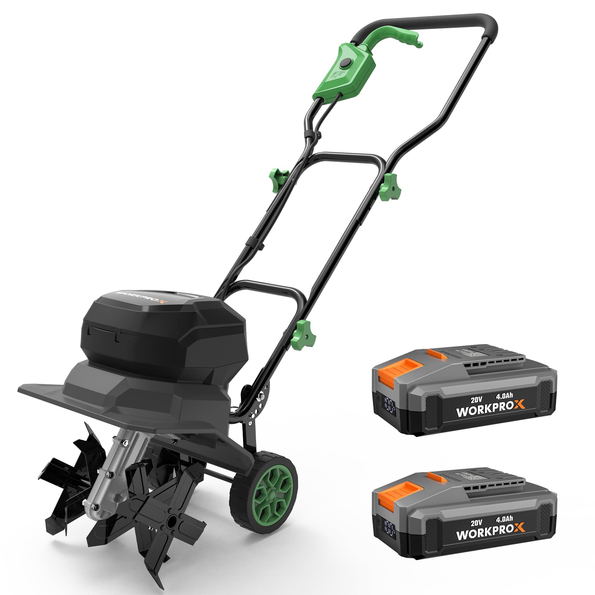 WORKPROX Motobineuse Électrique sans Fil 40V, Largeur 30 cm, Profondeur 20 cm, Batteries 2×4000 mAh, Guidon Pliable, Roues 4 Positions, Compacte et Silencieuse pour Jardin, Potager et Verger