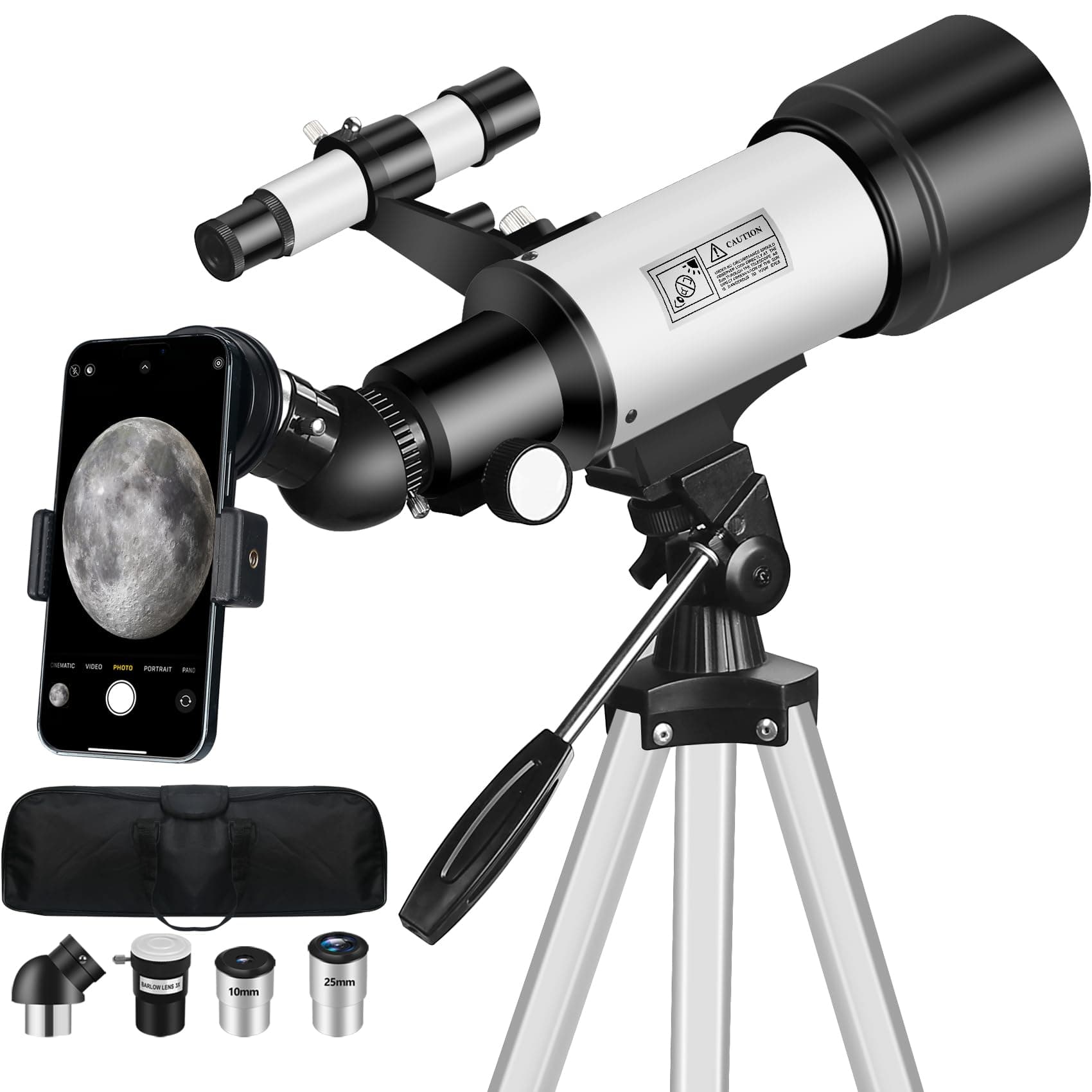 Mijiao Telescopio Astronómico Adultos, 70/400mm Telescopio Refractor para Niños y Principiantes, Profesional Telescopios Astronomía para Observación Luna con Trípode, Adaptador de Teléfono (Blanco)