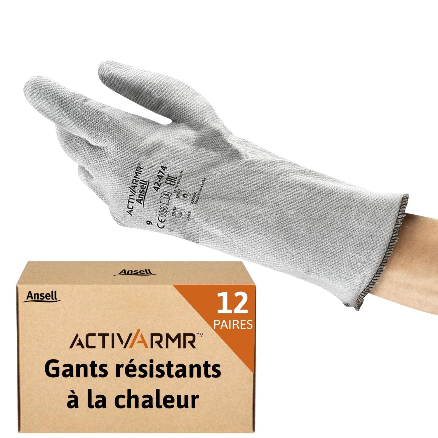 Ansell ActivArmr 42-474, Gants de travail résistants à la chaleur, Gants de protection EPI sécurisés, Gants nitrile L pour la mécanique et l'utilisation de produits chimiques, Gris, 12 paires