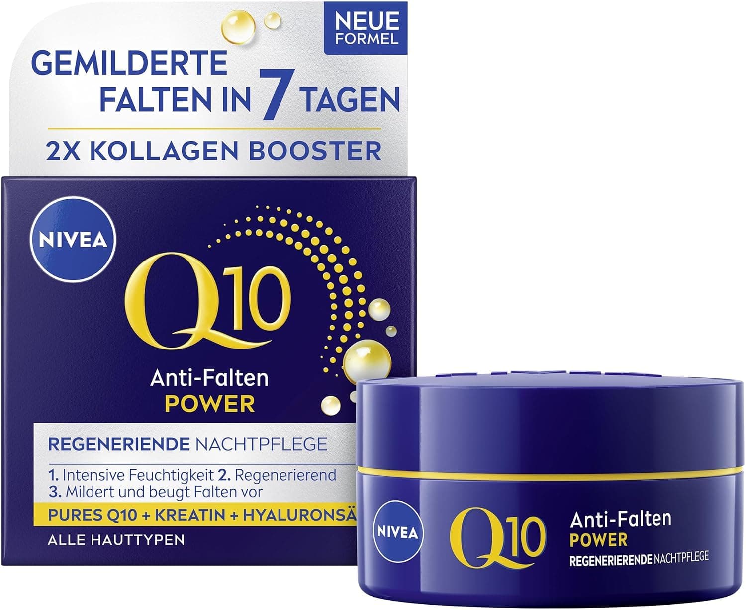 NIVEA Q10 Anti-Falten POWER Regenerierende Nachtpflege (50 ml), straffende Gesichtspflege für alle Hauttypen, Nachtcreme mit purem Q10, Kreatin & Hyaluronsäure