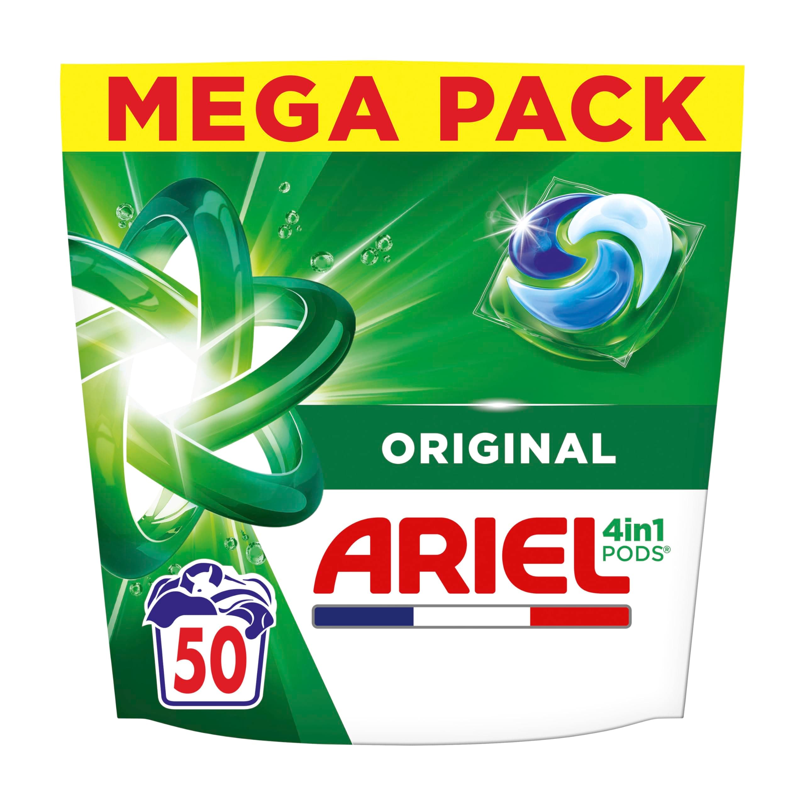 Ariel PODS 4en1, Lessive En Capsule, 50 Lavages, Original, Élimination Impeccable Des Tâches, Efficace Même A Froid Et En Cycle Court