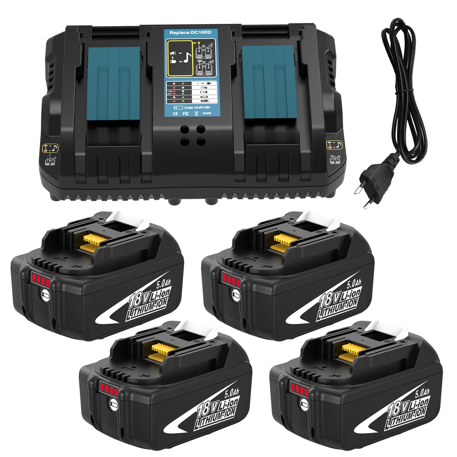 4X BL1850B Rechange pour Makita Batterie 18V 5Ah + Chargeur DC18RD pour BL1860B BL1850B BL1850 BL1860 BL1845 BL1840 et LXT-400