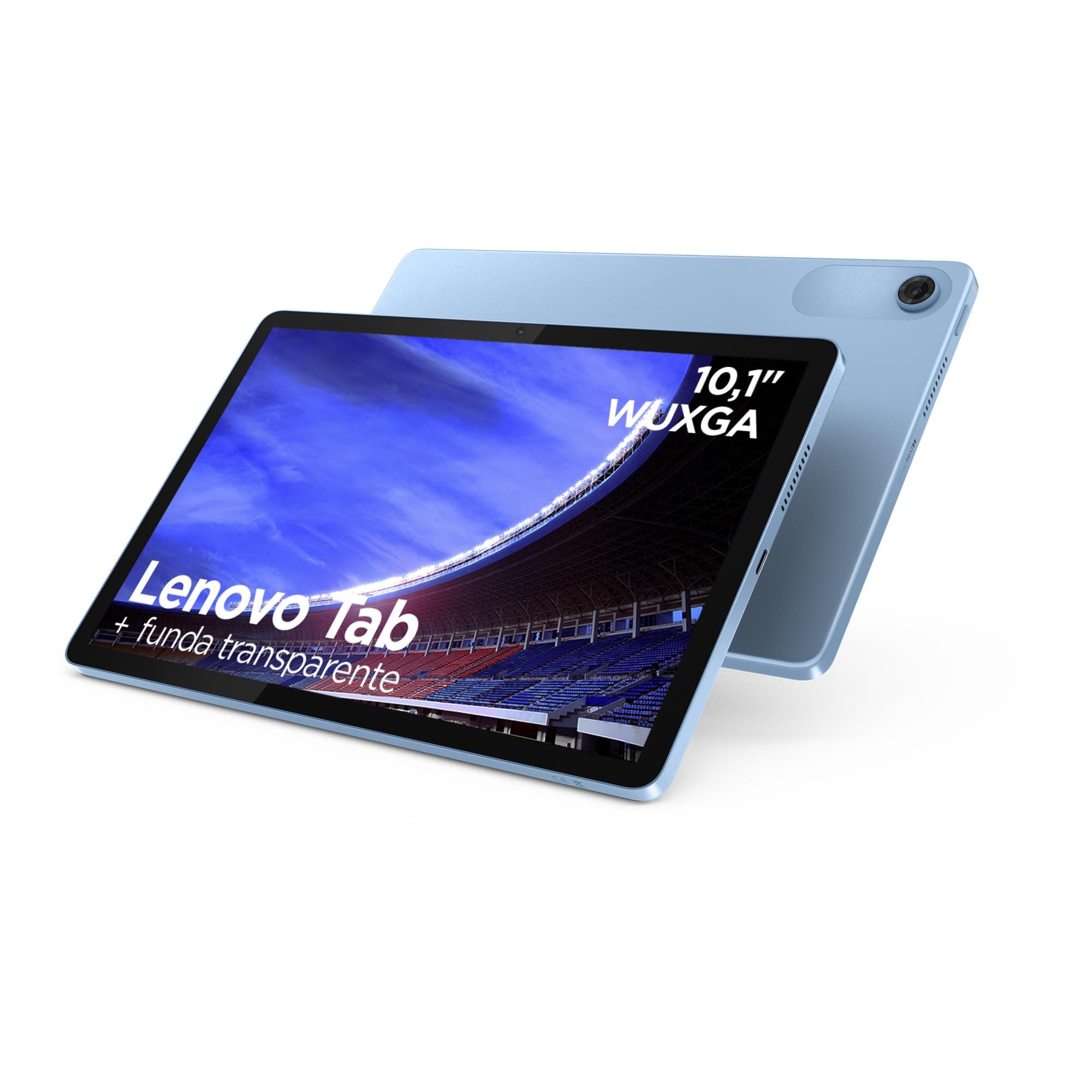 Lenovo Tab – Tablet 10.1" WUXGA (MediaTek Helio G85, 4 GB RAM, 128 GB, 60 Hz, 2 Altavoces, Wi-Fi 5, Bluetooth 5.3, Android 14) Color Azul Polar – Incluye Case Transparente con Soporte Incorporado