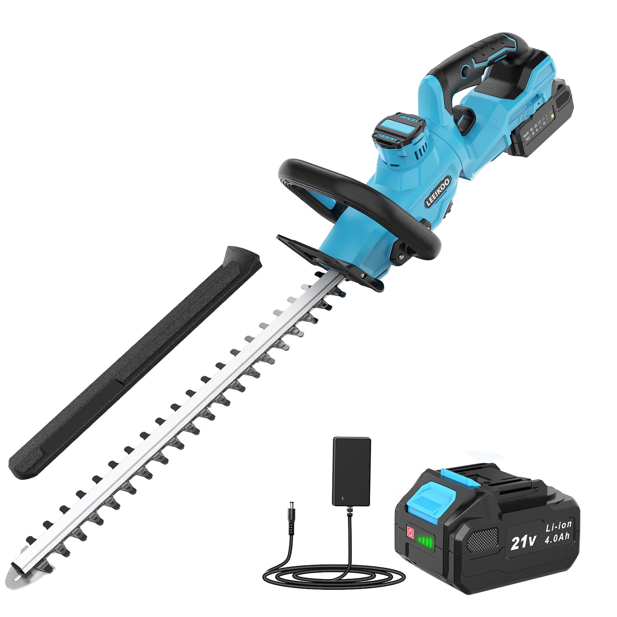 Cortasetos Bateria, LEEIKOO Cortasetos Eléctrico con 4.0Ah Bateria, 180° Ajustable Podadora, 51 cm Longitud Hoja, 16 mm Espacio Entre Dientes, Cubierta Cuchillas para Setos, Ramas, Arbustos, Ramitas