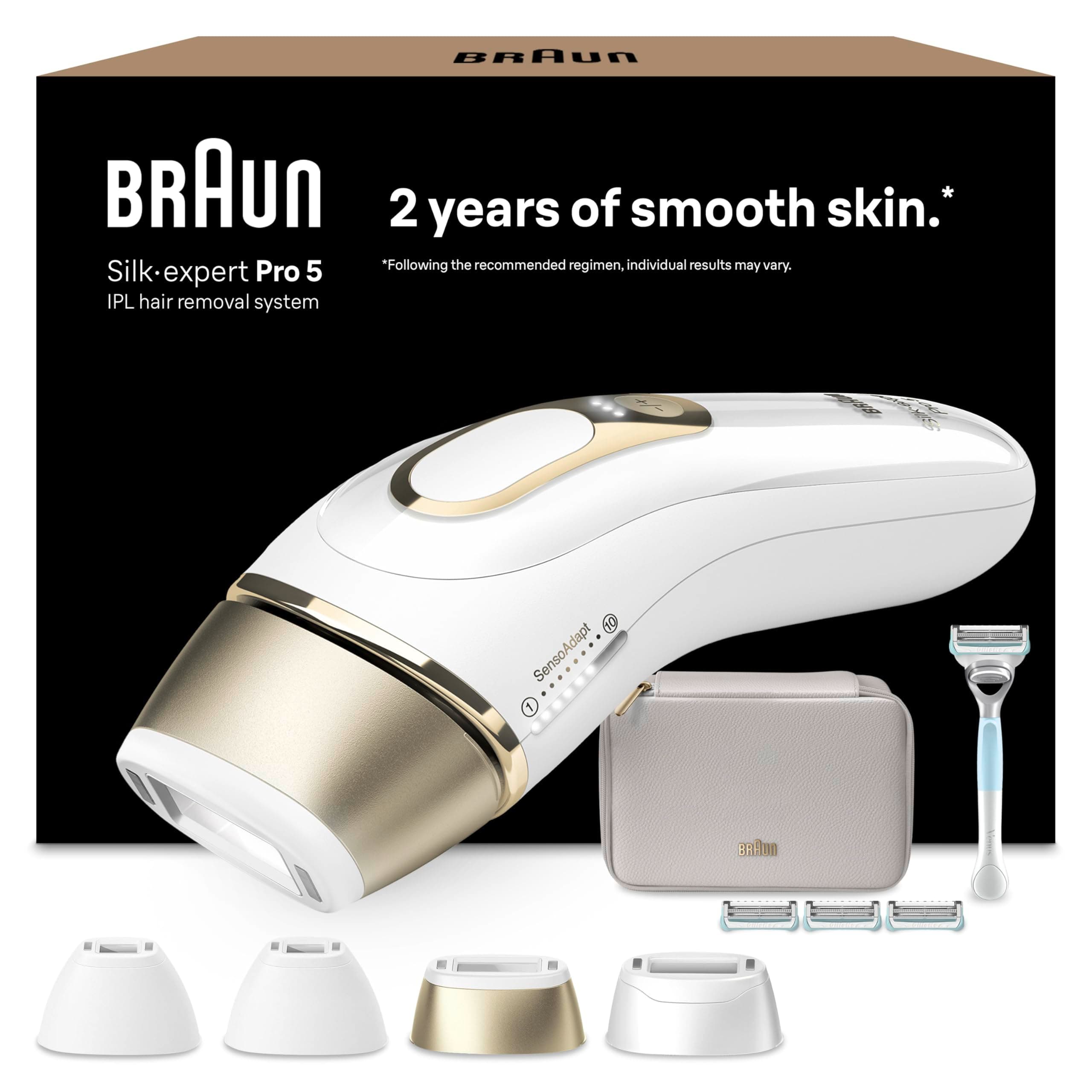 Braun Luz Pulsada Silk·expert Pro 5, Alternativa a Depiladora Laser, Eliminación del Vello en Casa, Depiladora IPL con Funda, Maquinilla Venus, 4 Cabezales para Cara Y Cuerpo, Blanca/Dorada, PL5358