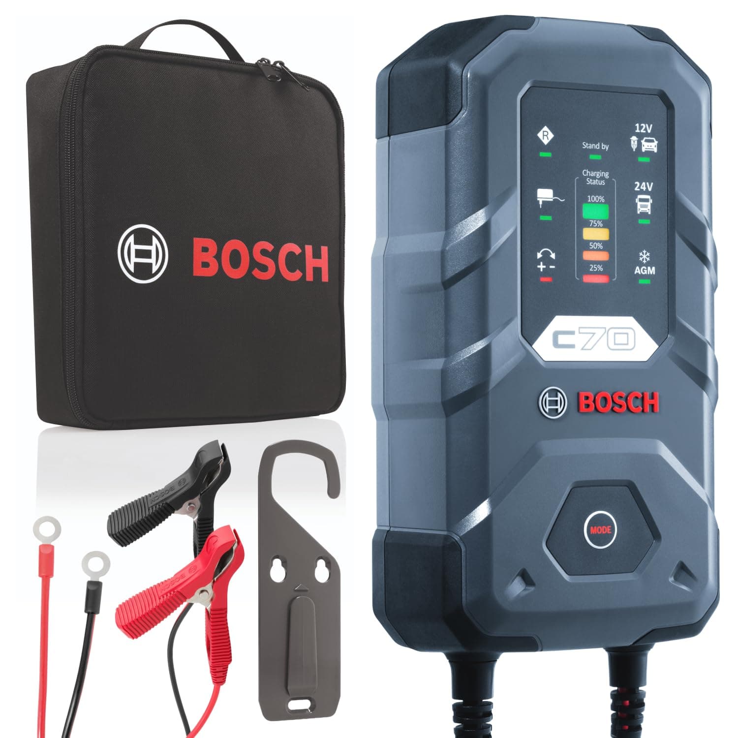 Bosch C70 Caricabatterie per Auto, 12 V - 24 V / 10 A, con Carica di mantenimento - Per batterie al Piombo-Acido, EFB, GEL, AGM e SLI da 12 V / 24 V