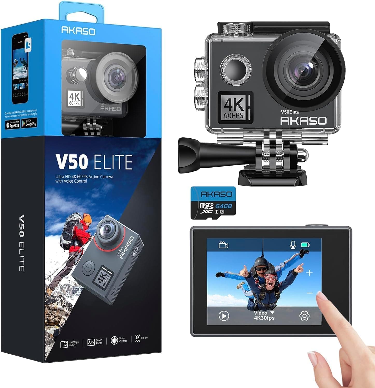 AKASO V50 Elite Cámara Deportiva 4K WiFi 20MP con Tarjeta de Memoria MicroSDXC de 64GB, Cámara de Acción con EIS Pantalla Táctil, Camara Acuatica Sumergible con 8X Zoom 2 Baterías Multi Accesorios