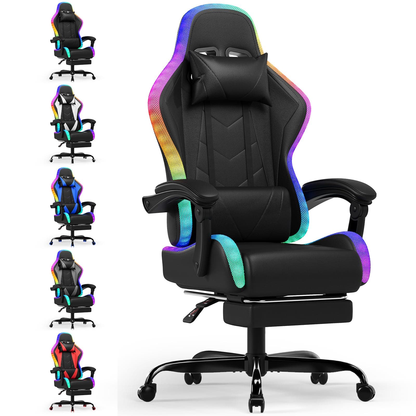 Devoko Silla Gaming con Masajeador y LED, Silla de Oficina Ergonómica con Reposapiés, Sillas Gaming para Oficina y Juegos con Iluminación RGB（Negro）