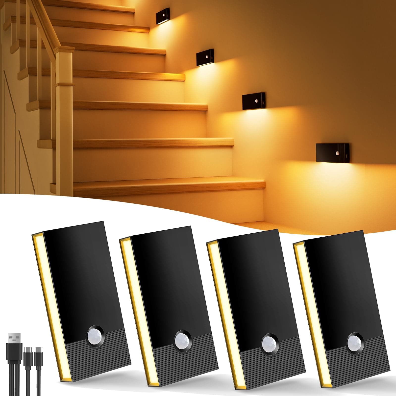 Swoieltr Luce Notturna con Sensore di Moviment, 4 Pezzi Ricaricabile Luce Notturna a Led ON/OFF/AUTO Modalità, 2700K Bianco Caldo Luce Bambini per Scale Corridoio Camera da Letto Soggiorno