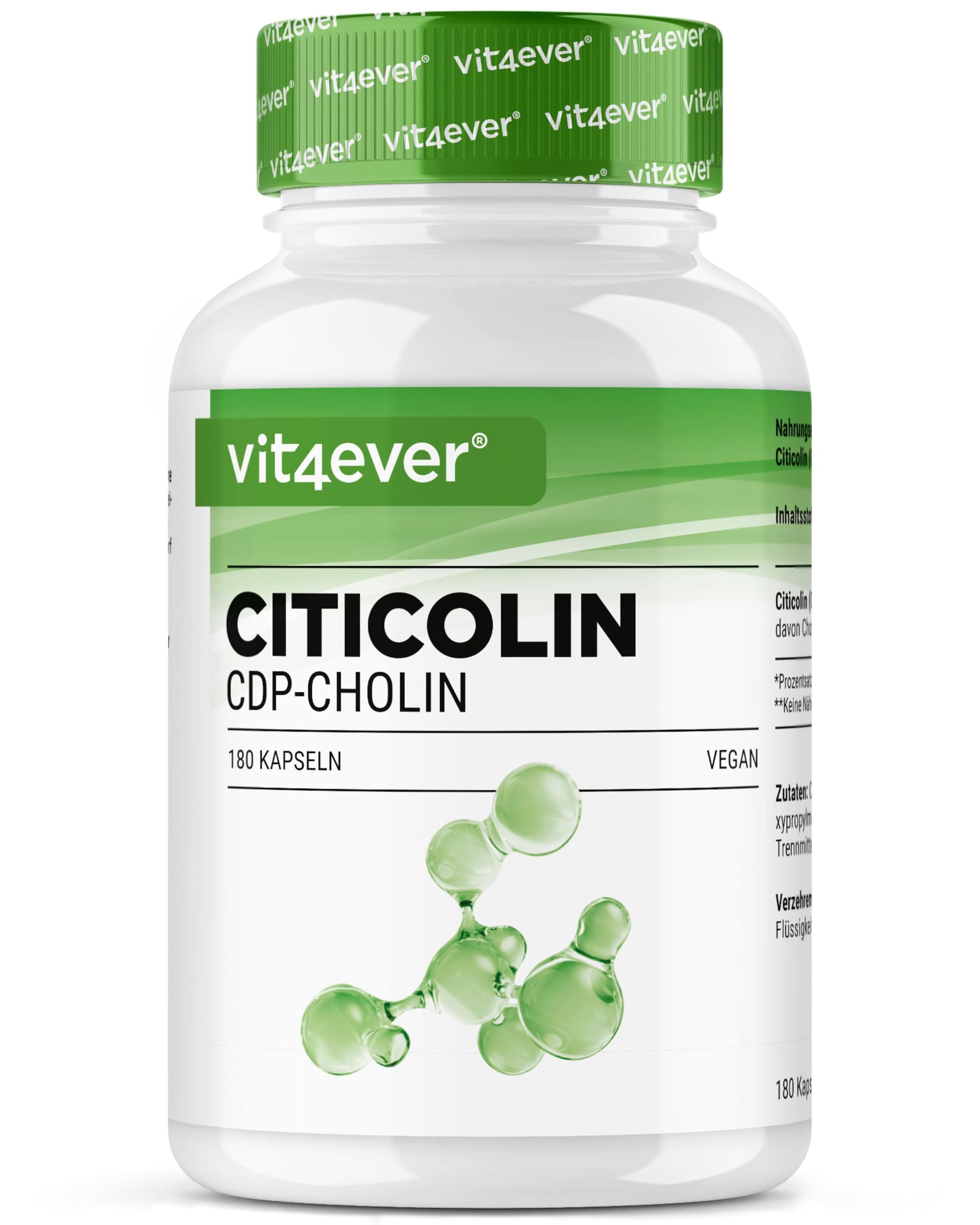 vit4ever CDP Cholin (Citicolin) 250 mg - 180 Kapseln - hochdosiert & bioaktive Cholinform - vegan, ohne unnötige Zusätze