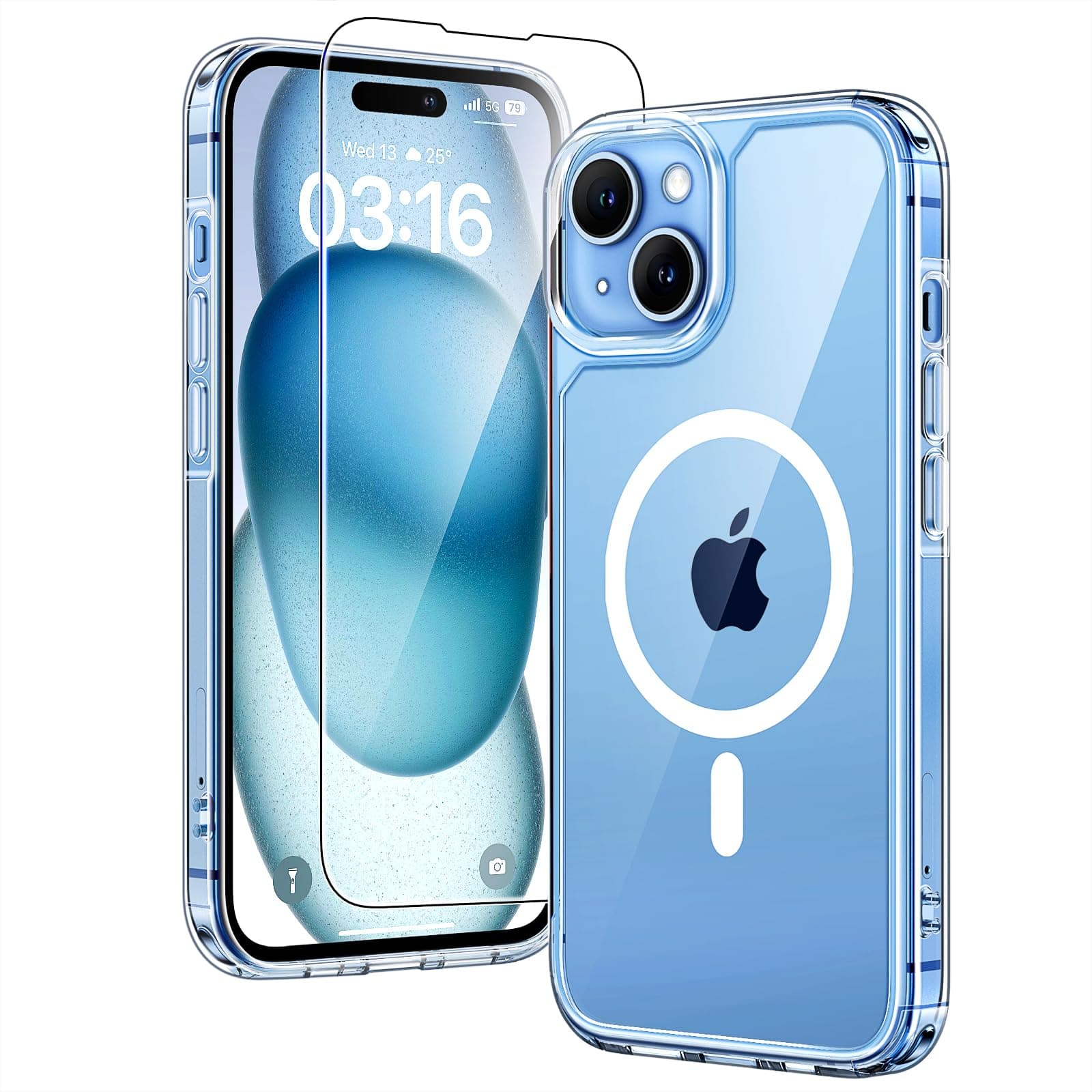TAURI Coque Magnétique pour iPhone 15 avec Protection écran, [Compatible avec MagSafe] Protection Anti-Choc Mince et Anti-Chute - Transparent