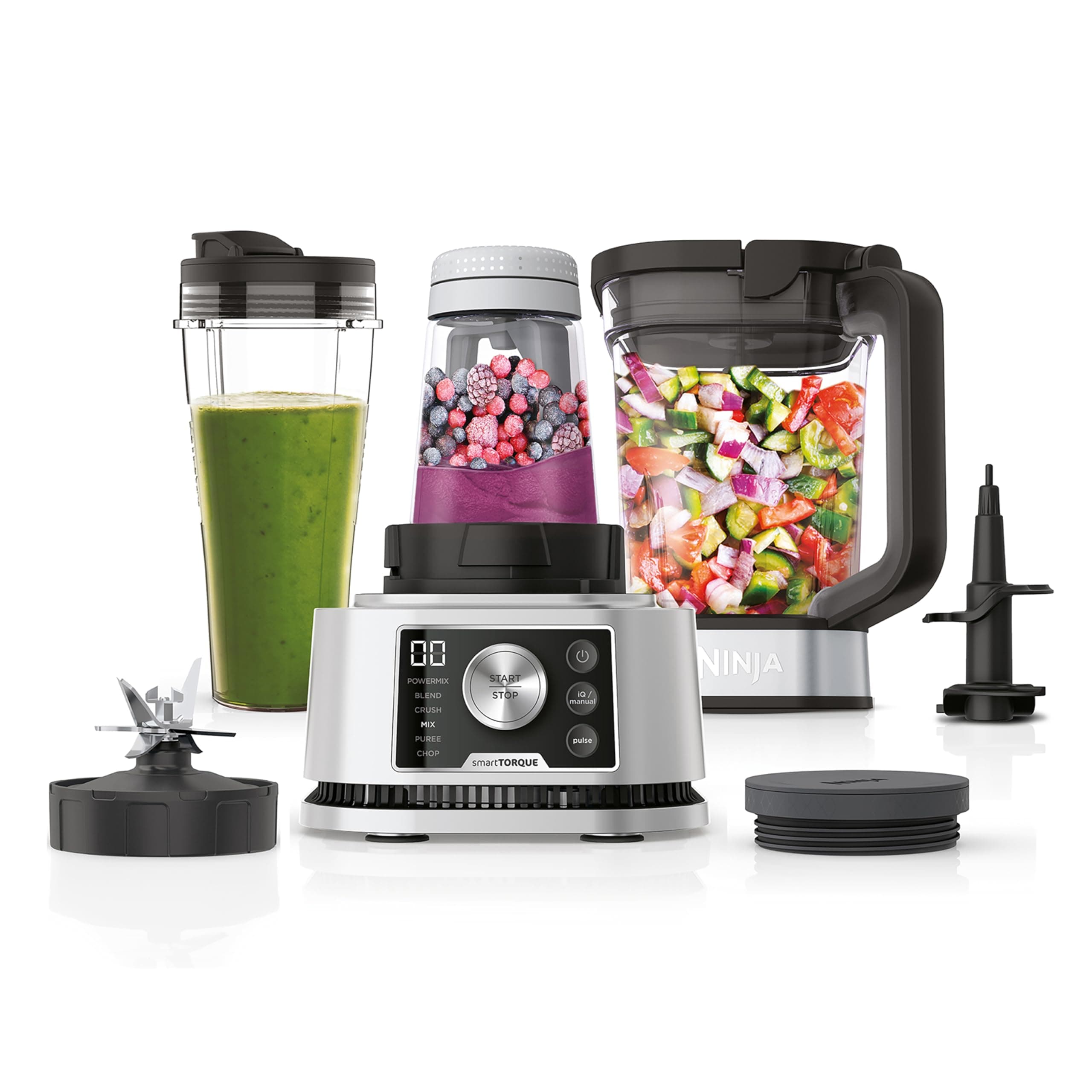 Ninja Foodi Power Nutri Blender 3-en-1, mélange les bols de smoothie, les pâtes à tartiner épaisses épaisses et les boissons glacées, programmes automatiques, 2.1L, 700ml & 400ml,1200W, Silver CB350EU