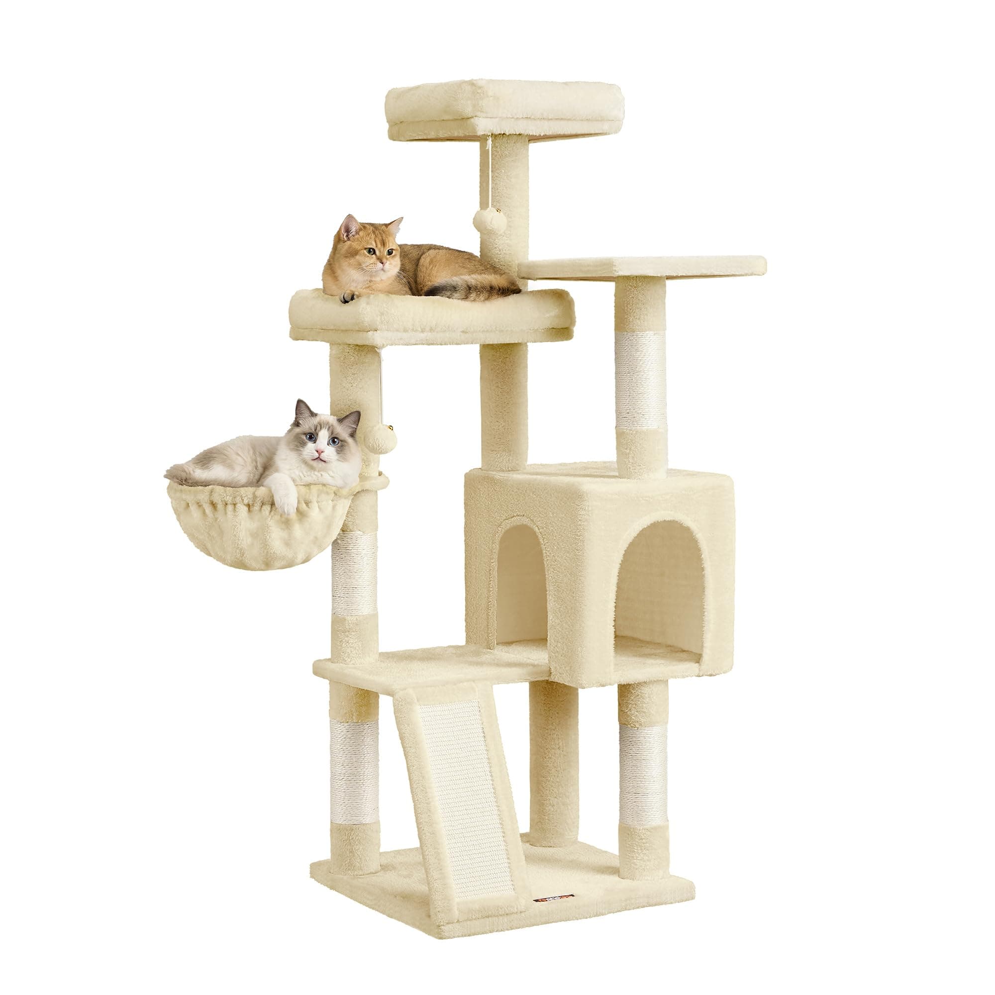 Feandrea Arbre à Chat, Tour pour Chat avec Poteaux à Griffer et Rampe, 3 Grandes Plateformes, 1 Niche, 1 Panier, 2 Pompons, 136 cm de Haut, Beige Sable PCT012LF01