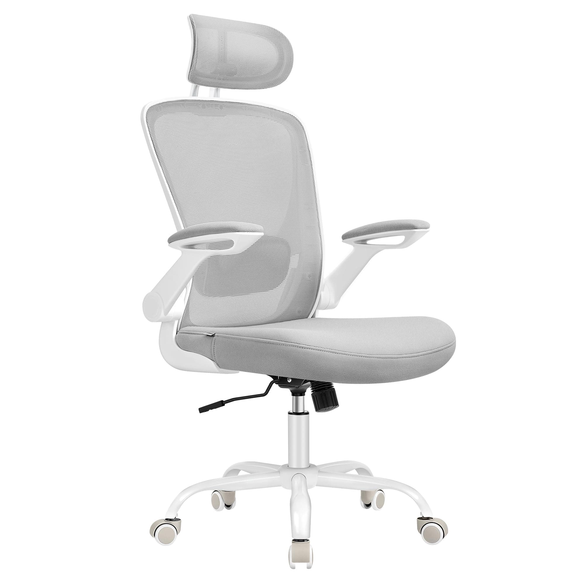 SONGMICS Sedia da Ufficio Girevole, Sedia di Rete da Computer Ergonomica, Supporto Lombare, Oscillante, Seduta 53 cm, Braccioli Pieghevoli, Poggiatesta, Grigio Tortora OBN047G01