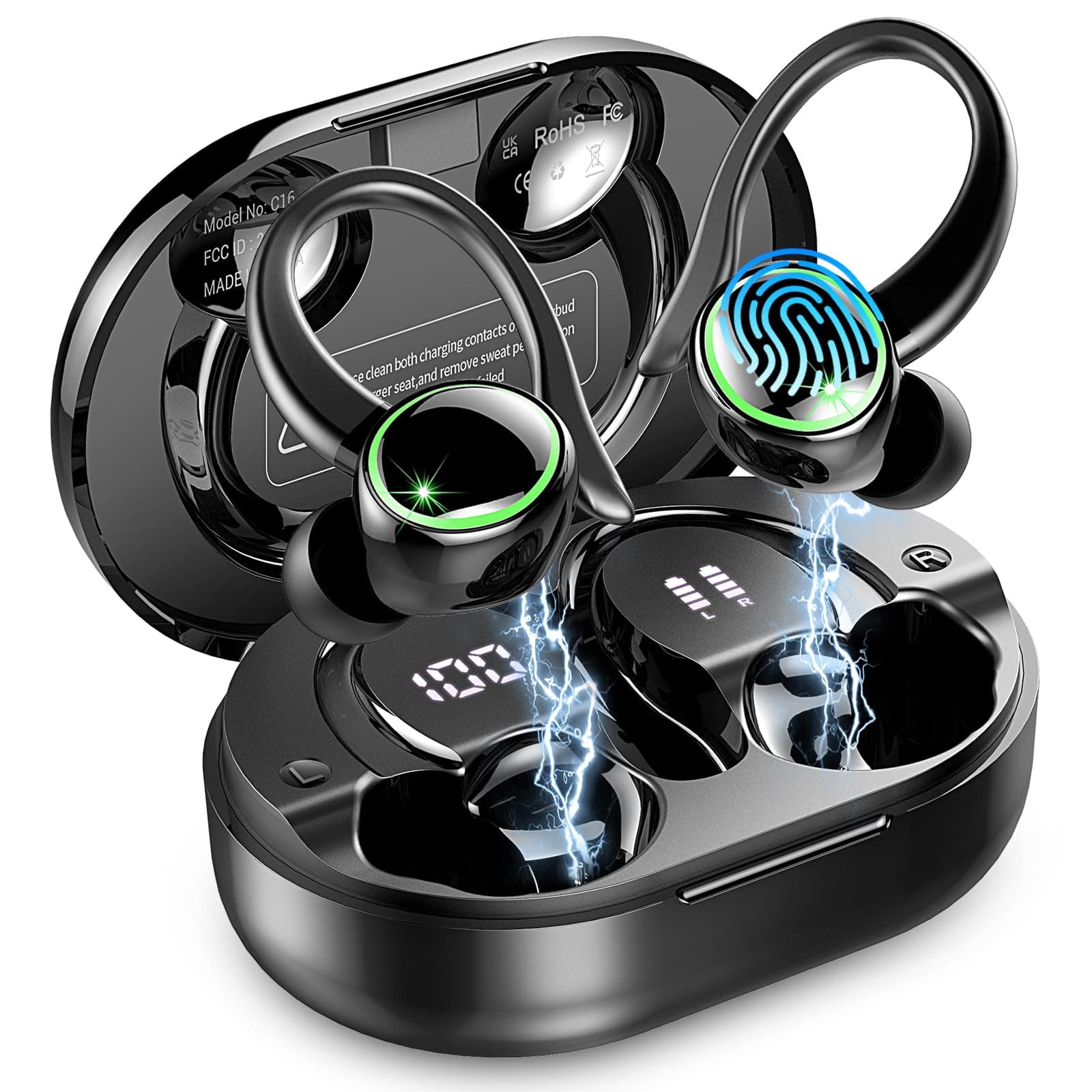 Cuffie Bluetooth 5.4 Sport, 2026 Auricolari Bluetooth con 6D Bass Stereo, 50 Ore Cuffie In Ear Cancellazione Rumore ENC e 4 HD Mics, HiFi Cuffiette LED Display, IP7 Impermeabile Cuffie Senza Fili